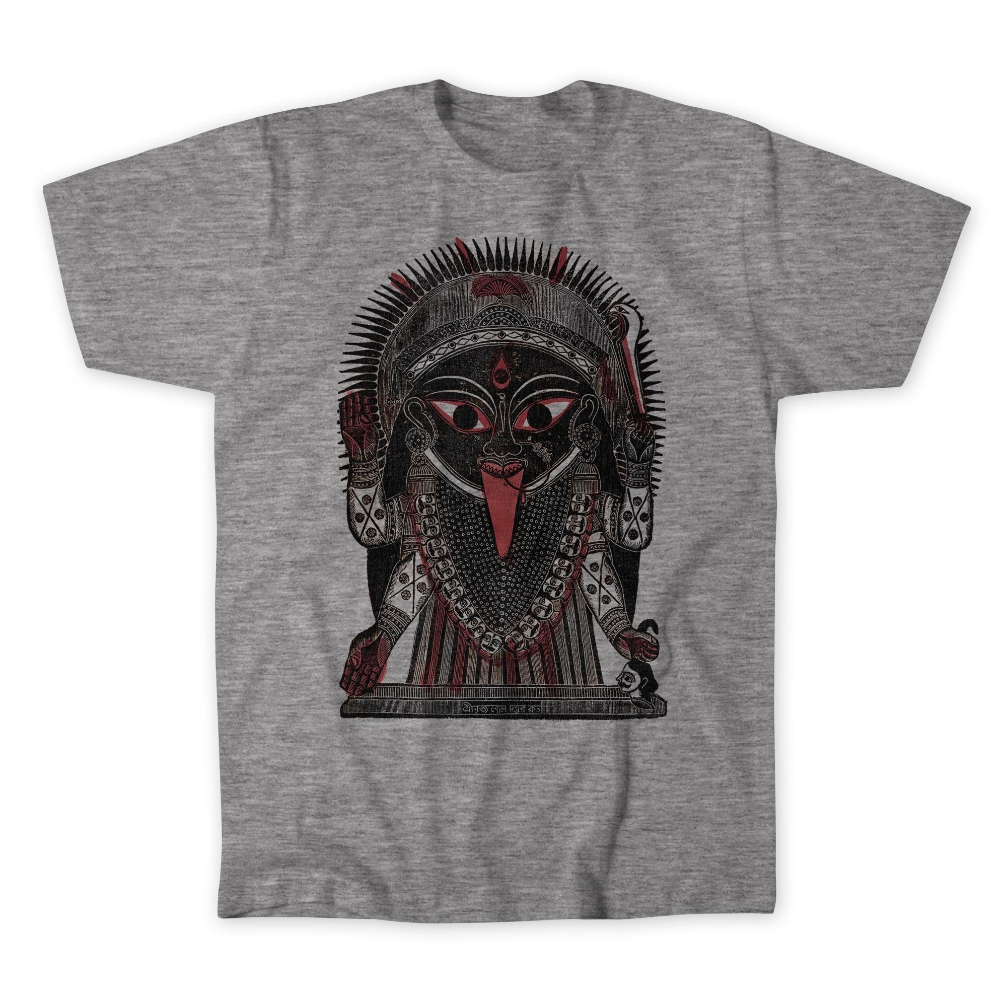 T-Shirts S / Graphite Heather Goddess Kali Antique Kalighat Indian Woodcut Print | Folk Art Skull Graphic Art T-Shirt Tee