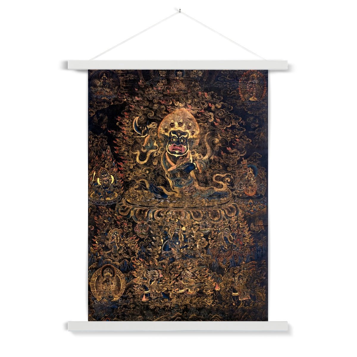 Hangar Thangka 20"x28" / White Frame Gold and Black Mahakala Holding a Skull  Tibetan Thangka, Nepal, Tantric Vintage Buddhist Fine Art Print with Hanger