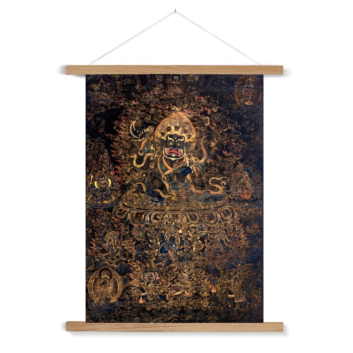 Hangar Thangka 20"x28" / Natural Frame Gold and Black Mahakala Holding a Skull  Tibetan Thangka, Nepal, Tantric Vintage Buddhist Fine Art Print with Hanger