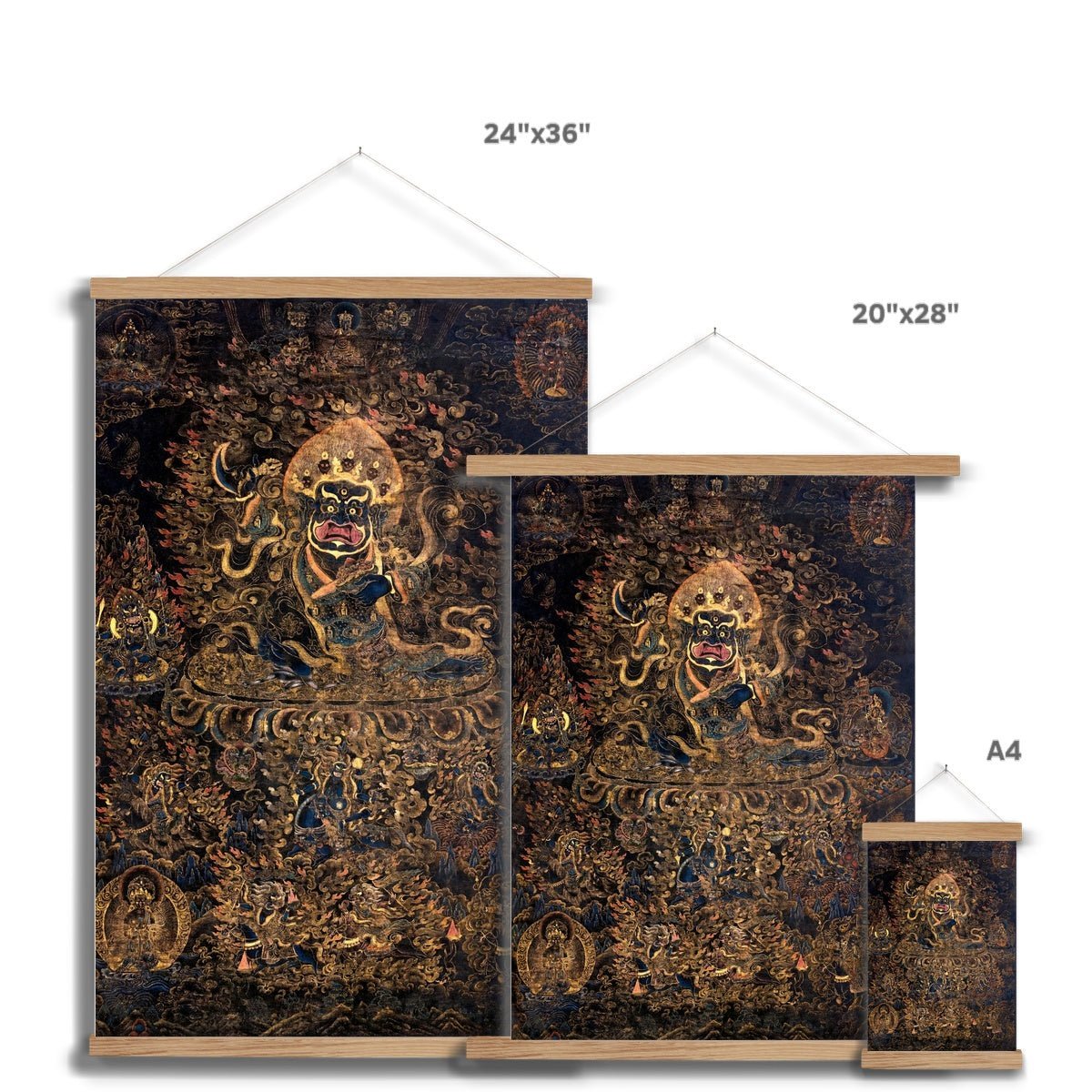 Gold and Black Mahakala Holding a Skull Tibetan Thangka, Nepal, Tantric Vintage Buddhist Fine Art Print with Hanger