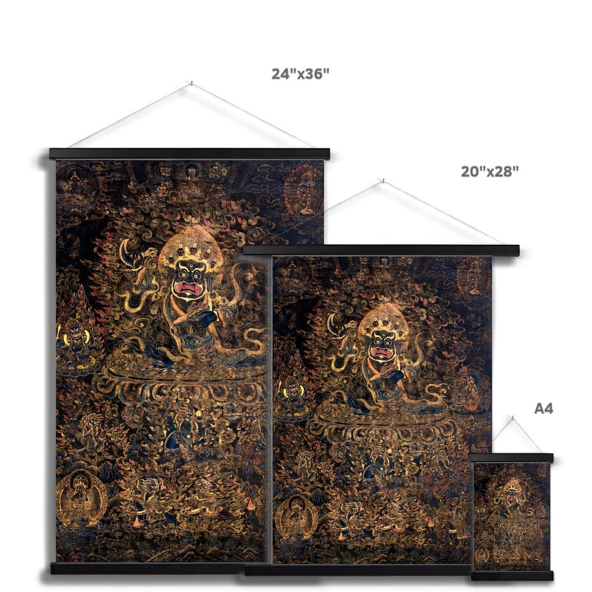 Gold and Black Mahakala Holding a Skull Tibetan Thangka, Nepal, Tantric Vintage Buddhist Fine Art Print with Hanger