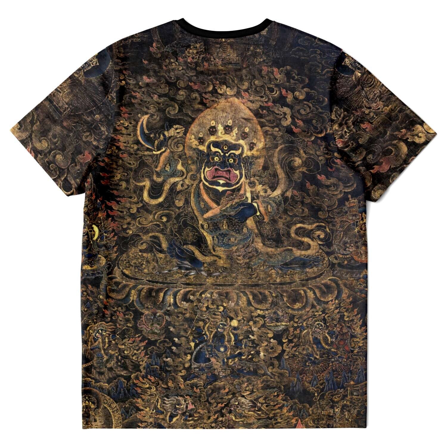 T-shirt Gold and Black Mahakala Holding a Skull  Tibetan Thangka, Nepal, Tantric Vintage Buddhist T-Shirt Tee