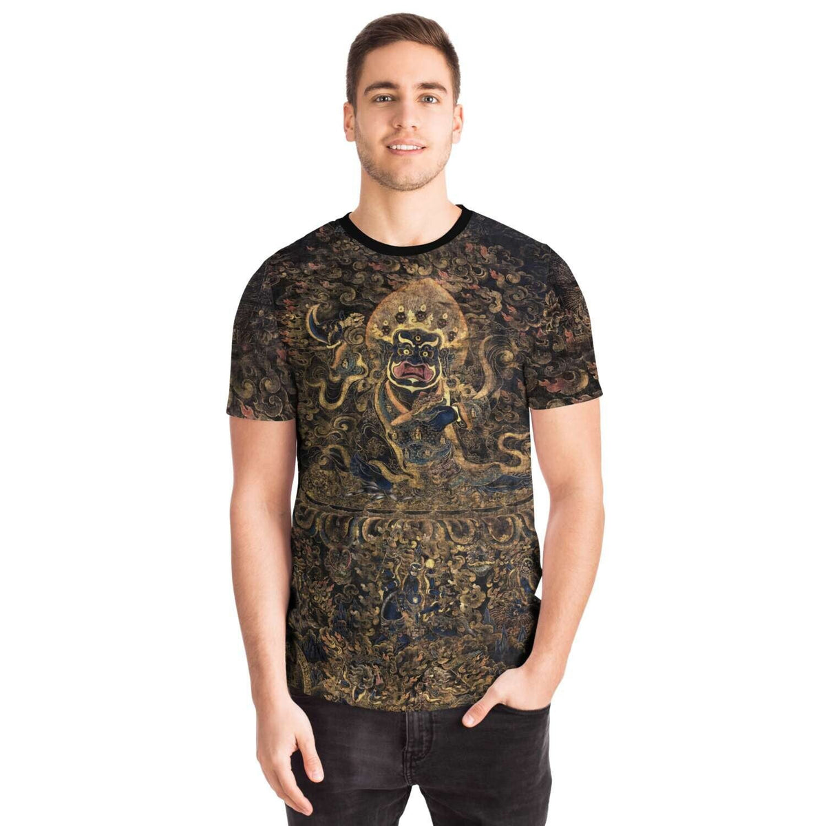 Gold and Black Mahakala Holding a Skull Tibetan Thangka, Nepal, Tantric Vintage Buddhist T-Shirt Tee