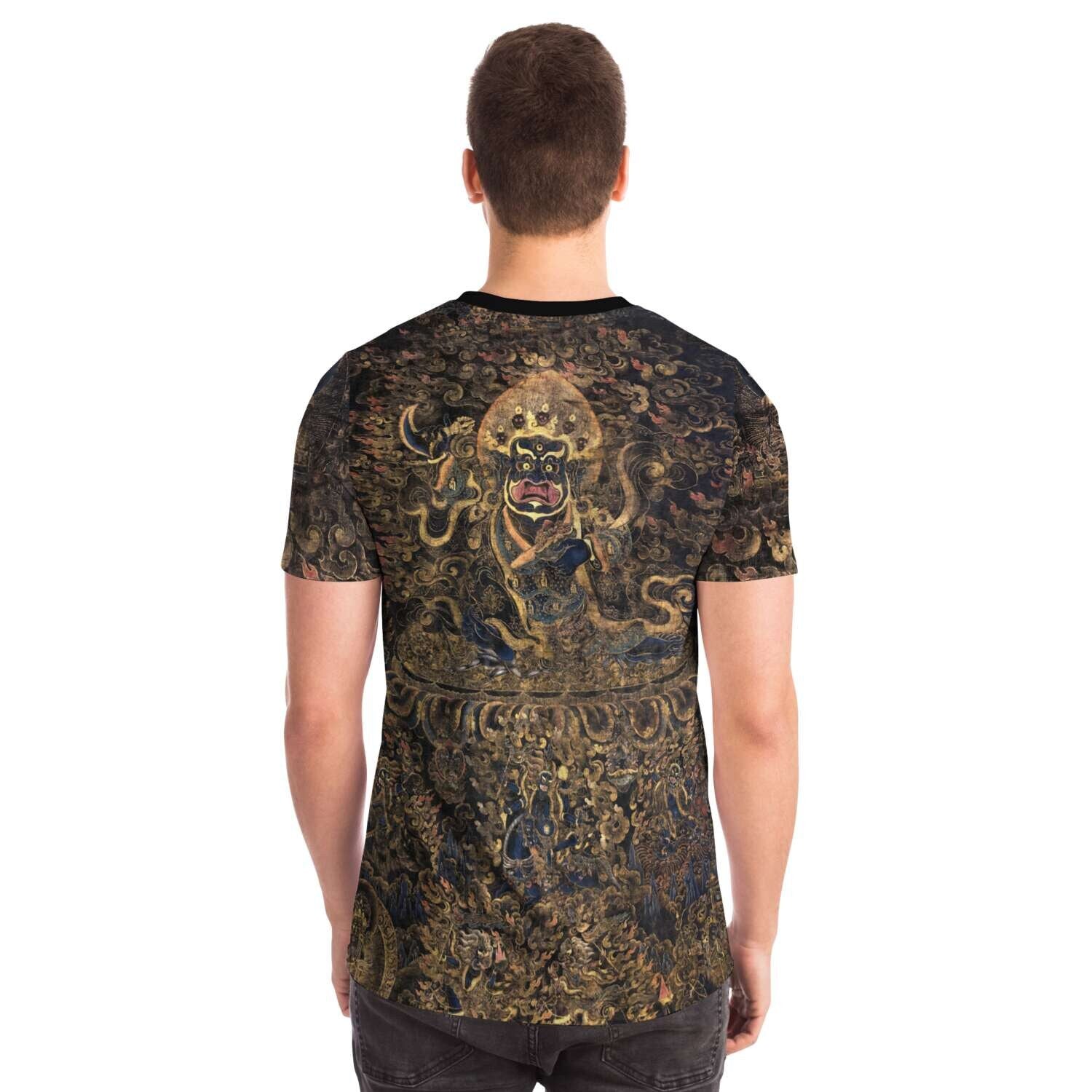 T-shirt Gold and Black Mahakala Holding a Skull  Tibetan Thangka, Nepal, Tantric Vintage Buddhist T-Shirt Tee