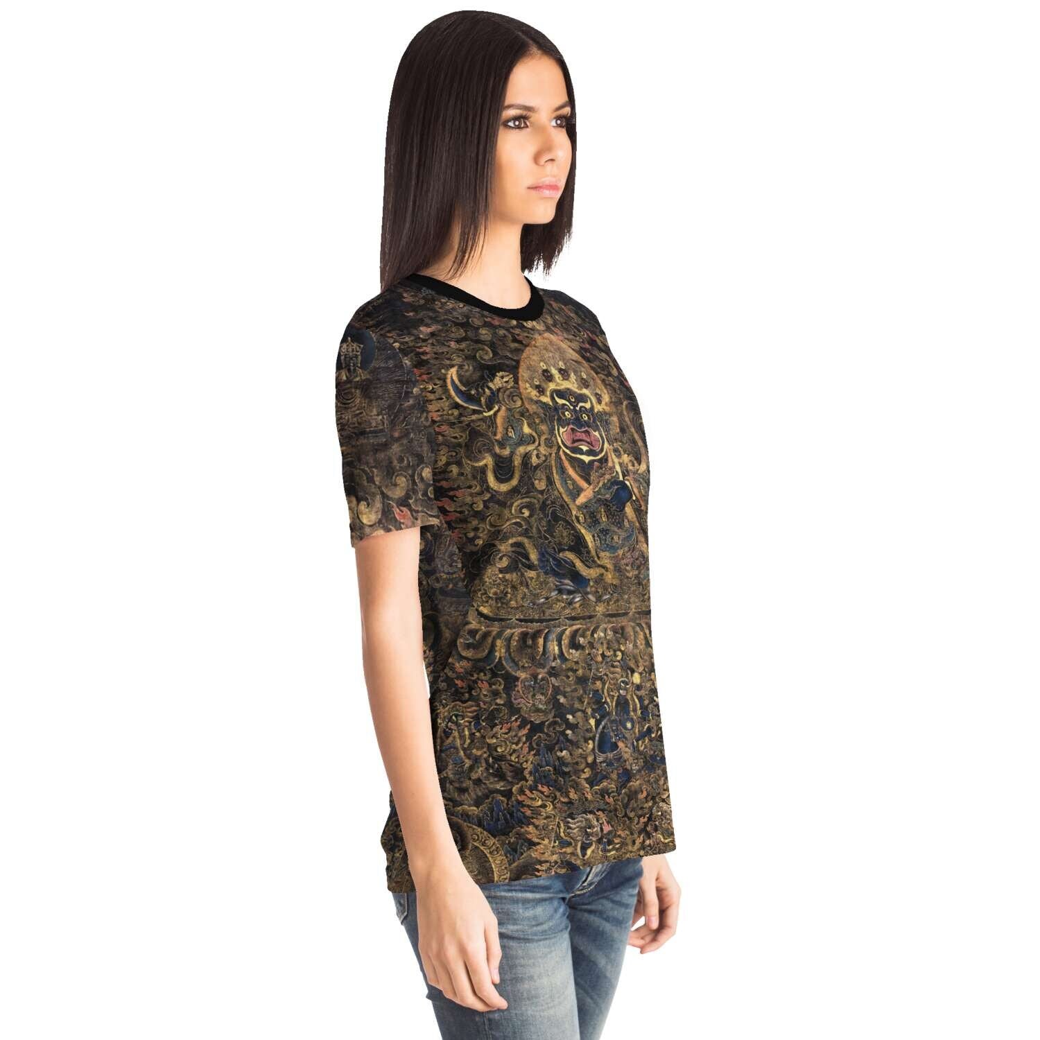 Gold and Black Mahakala Holding a Skull Tibetan Thangka, Nepal, Tantric Vintage Buddhist T-Shirt Tee