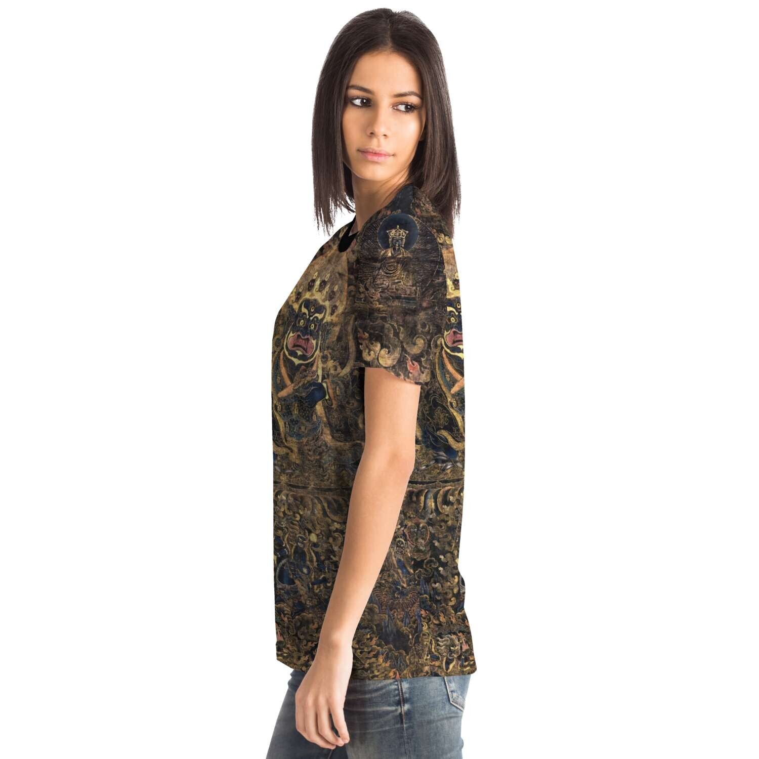 Gold and Black Mahakala Holding a Skull Tibetan Thangka, Nepal, Tantric Vintage Buddhist T-Shirt Tee