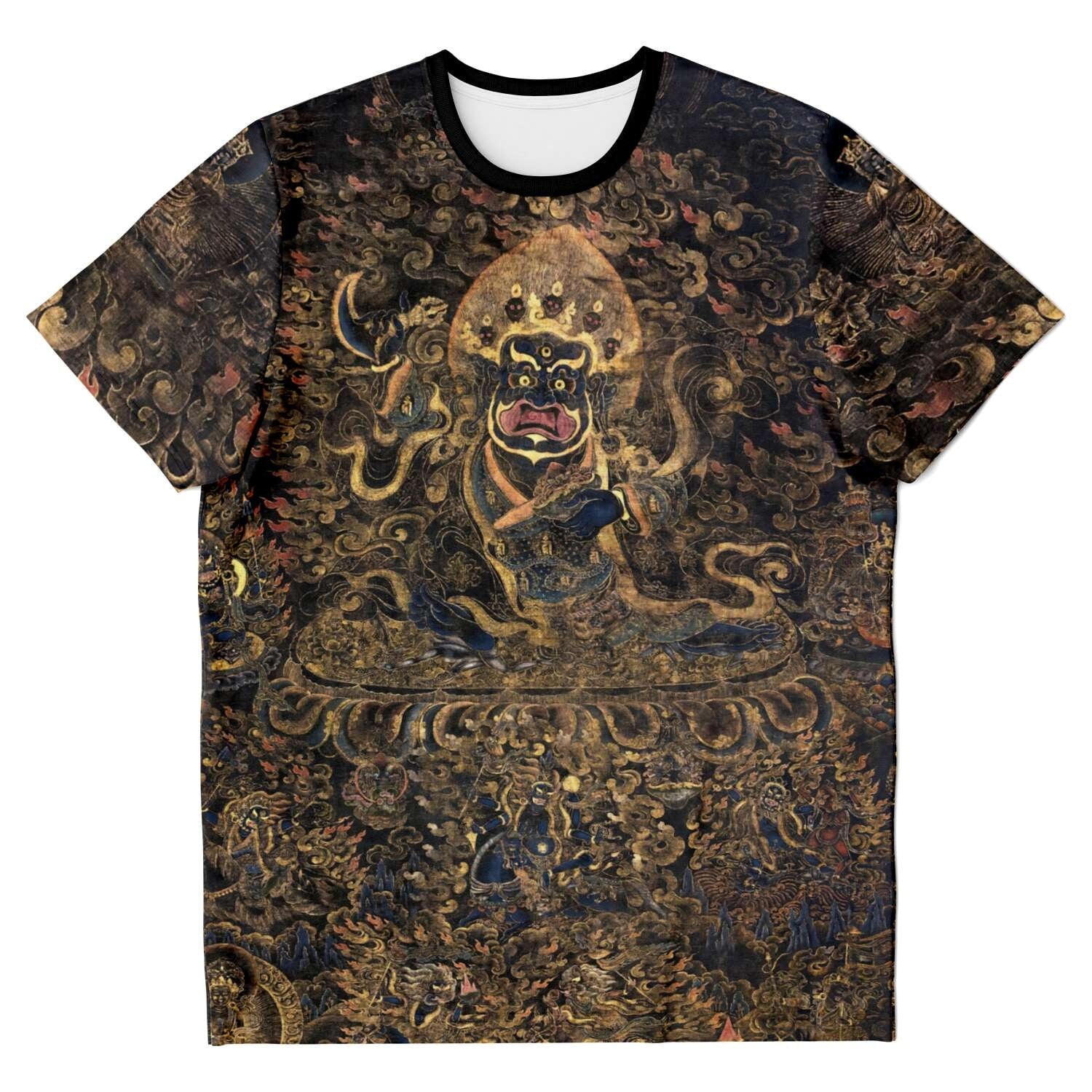 T-shirt Gold and Black Mahakala Holding a Skull  Tibetan Thangka, Nepal, Tantric Vintage Buddhist T-Shirt Tee