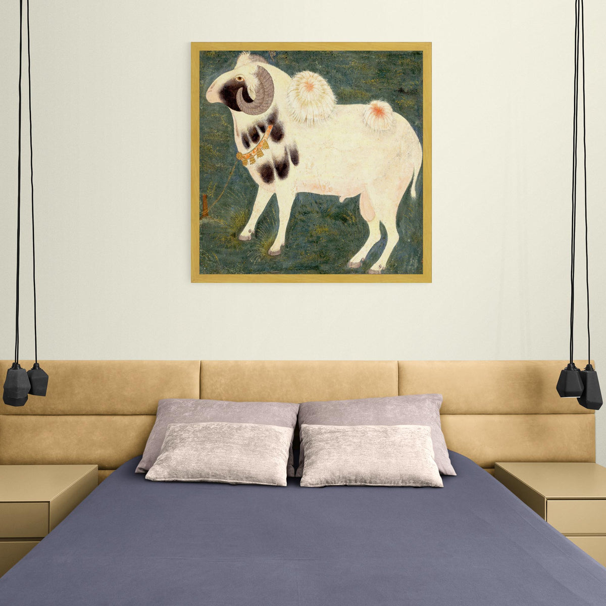 Gold Framed Royal Ram with Gold Chain | Antique Watercolor Classical Indian Mughal Pastoral Goat Sheep Horse Framed Art Print