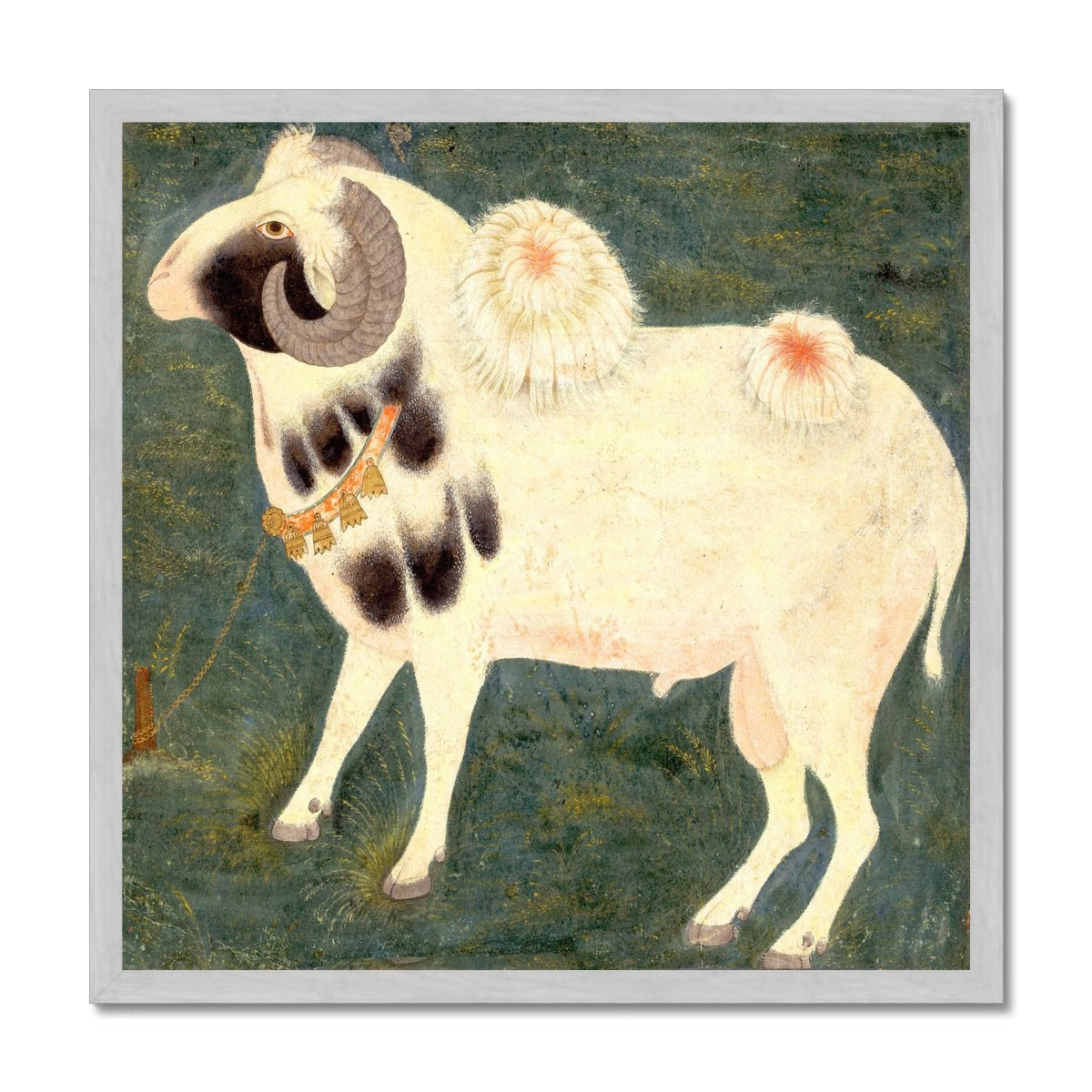 Fine art 12"x12" / Silver Frame Gold Framed Royal Ram with Gold Chain | Antique Watercolor Classical Indian Mughal Pastoral Goat Sheep Horse Framed Art Print