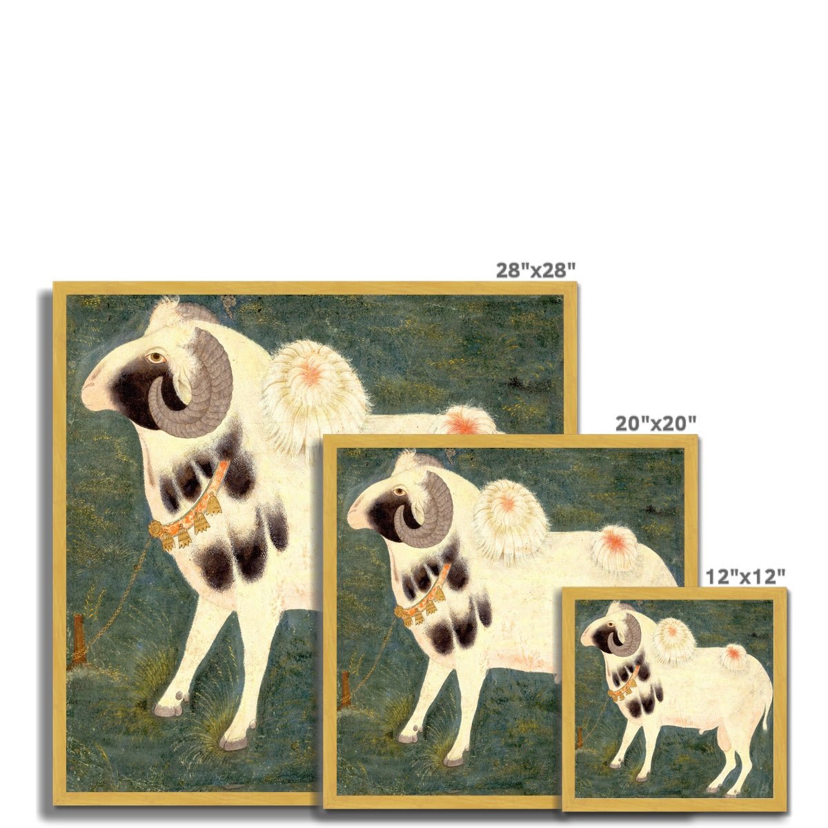 Gold Framed Royal Ram with Gold Chain | Antique Watercolor Classical Indian Mughal Pastoral Goat Sheep Horse Framed Art Print