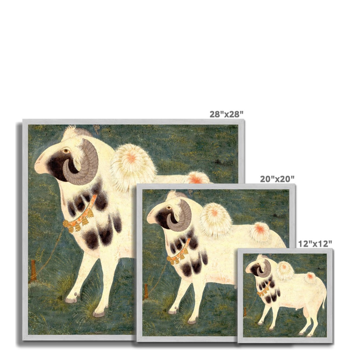 Gold Framed Royal Ram with Gold Chain | Antique Watercolor Classical Indian Mughal Pastoral Goat Sheep Horse Framed Art Print