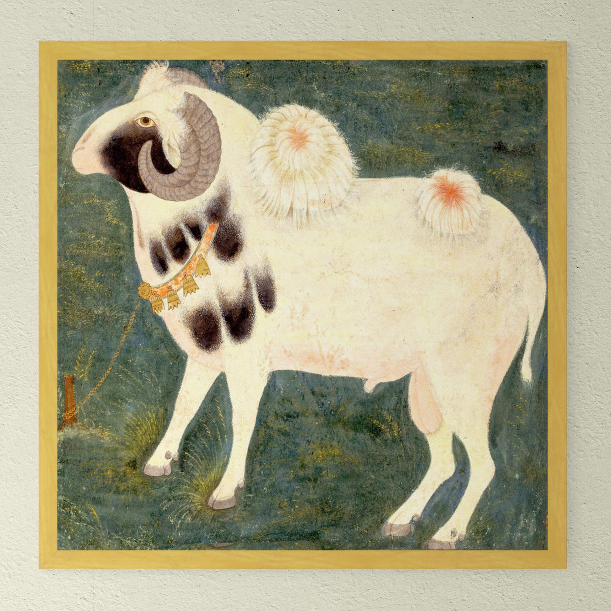 Fine art 12&quot;x12&quot; / Gold Frame Gold Framed Royal Ram with Gold Chain | Antique Watercolor Classical Indian Mughal Pastoral Goat Sheep Horse Framed Art Print
