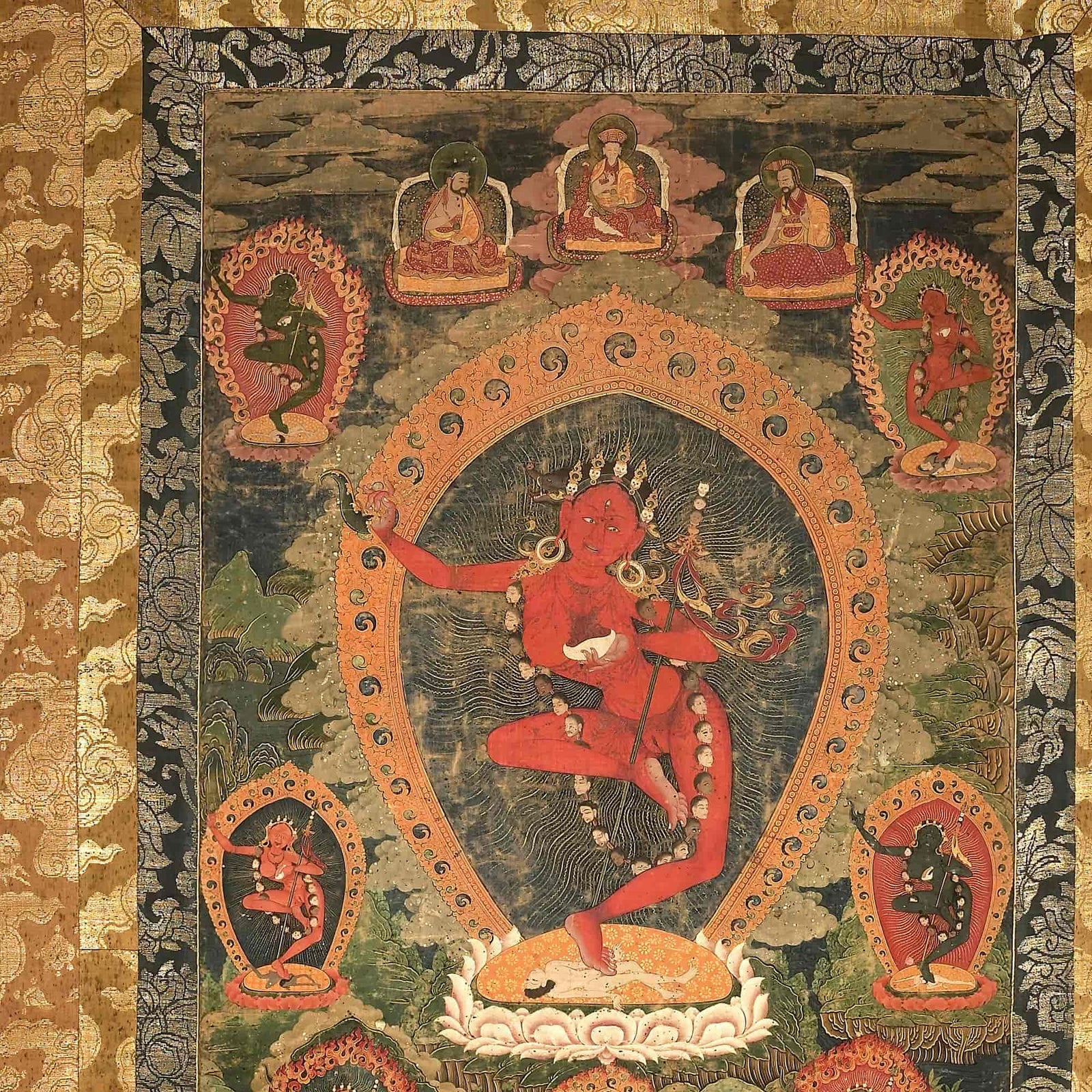 Gold Framed Vajravarahi Thangka, Tibetan Buddhism Fierce Female Deity (Dakini ), Ancient Bhutanese Framed Art Print