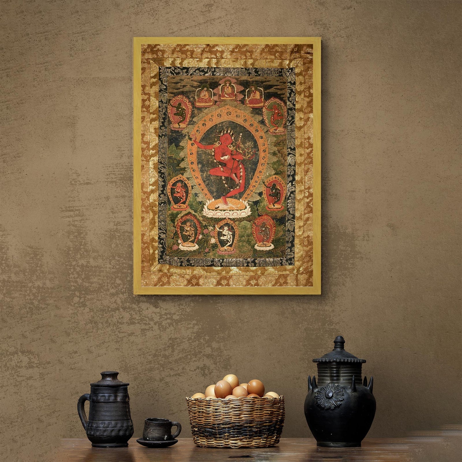 Gold Framed Vajravarahi Thangka, Tibetan Buddhism Fierce Female Deity (Dakini ), Ancient Bhutanese Framed Art Print