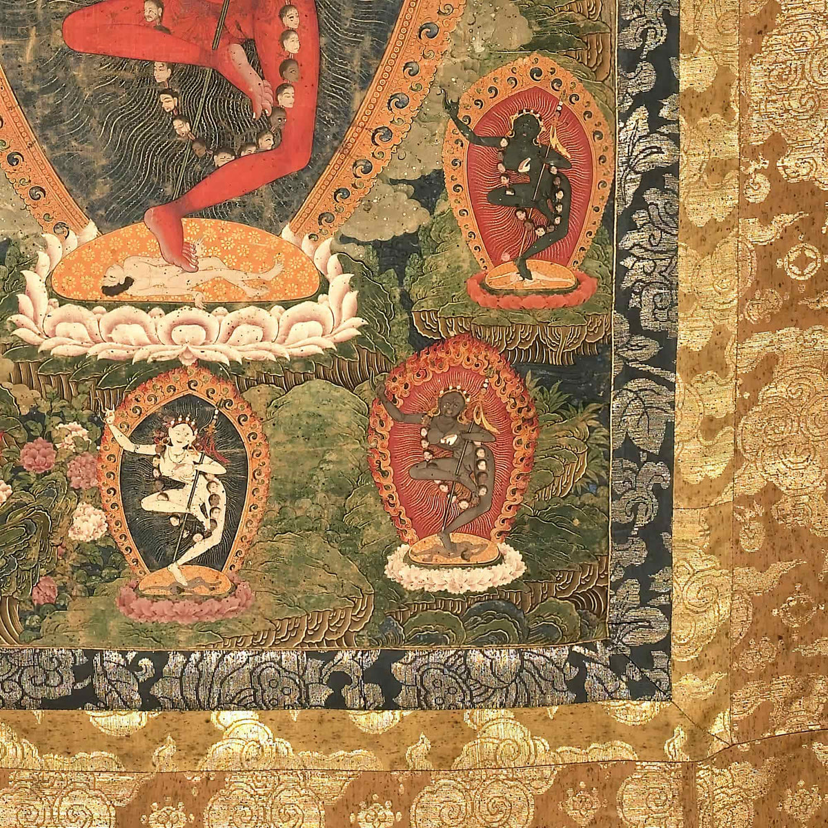 Gold Framed Vajravarahi Thangka, Tibetan Buddhism Fierce Female Deity (Dakini ), Ancient Bhutanese Framed Art Print