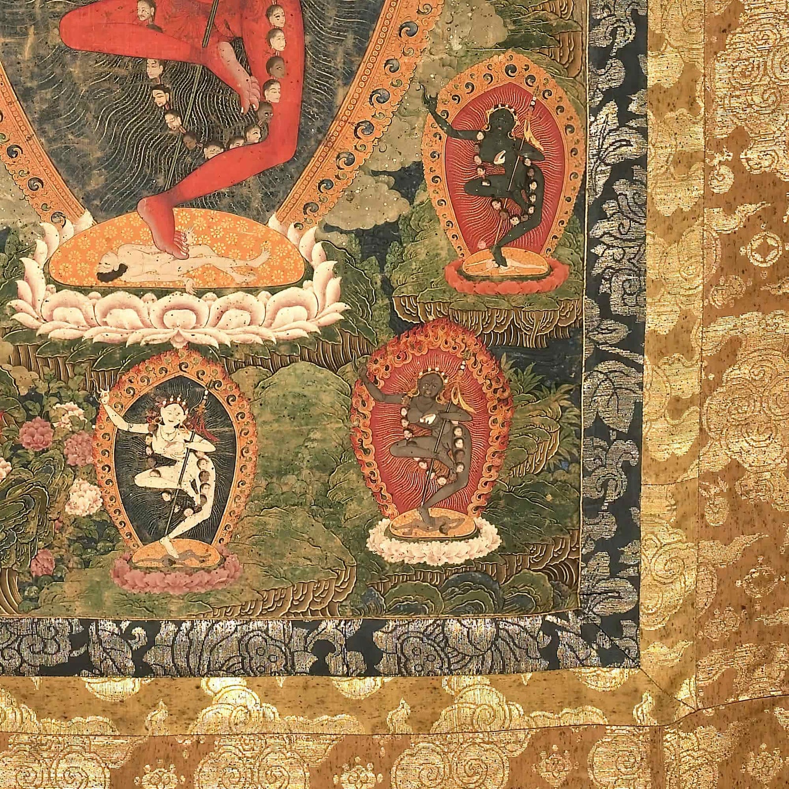 Gold Framed Vajravarahi Thangka, Tibetan Buddhism Fierce Female Deity (Dakini ), Ancient Bhutanese Framed Art Print