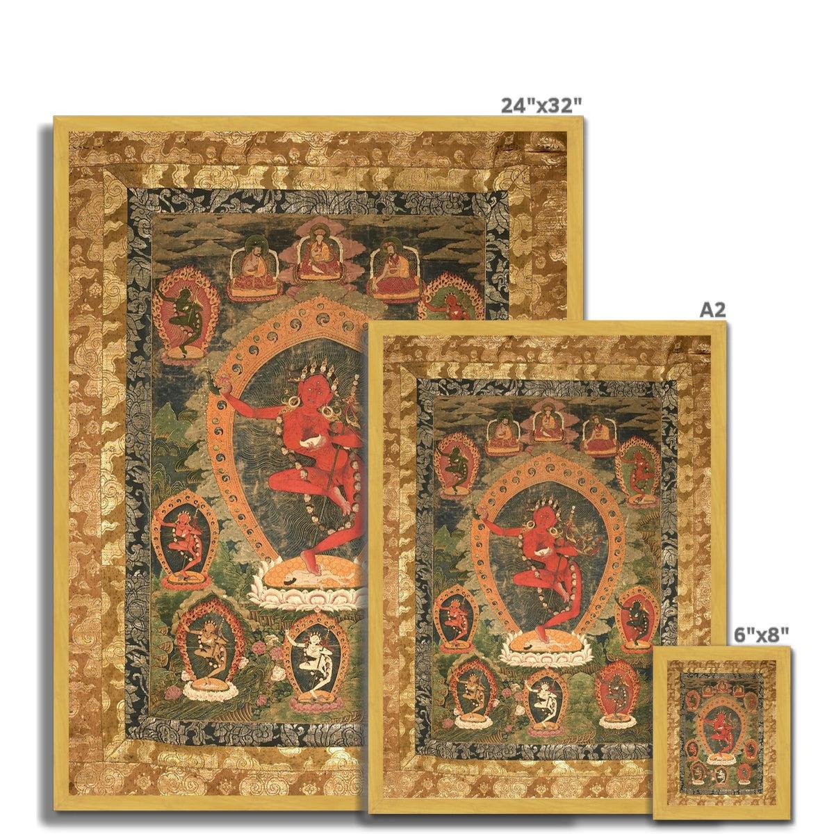 Gold Framed Vajravarahi Thangka, Tibetan Buddhism Fierce Female Deity (Dakini ), Ancient Bhutanese Framed Art Print