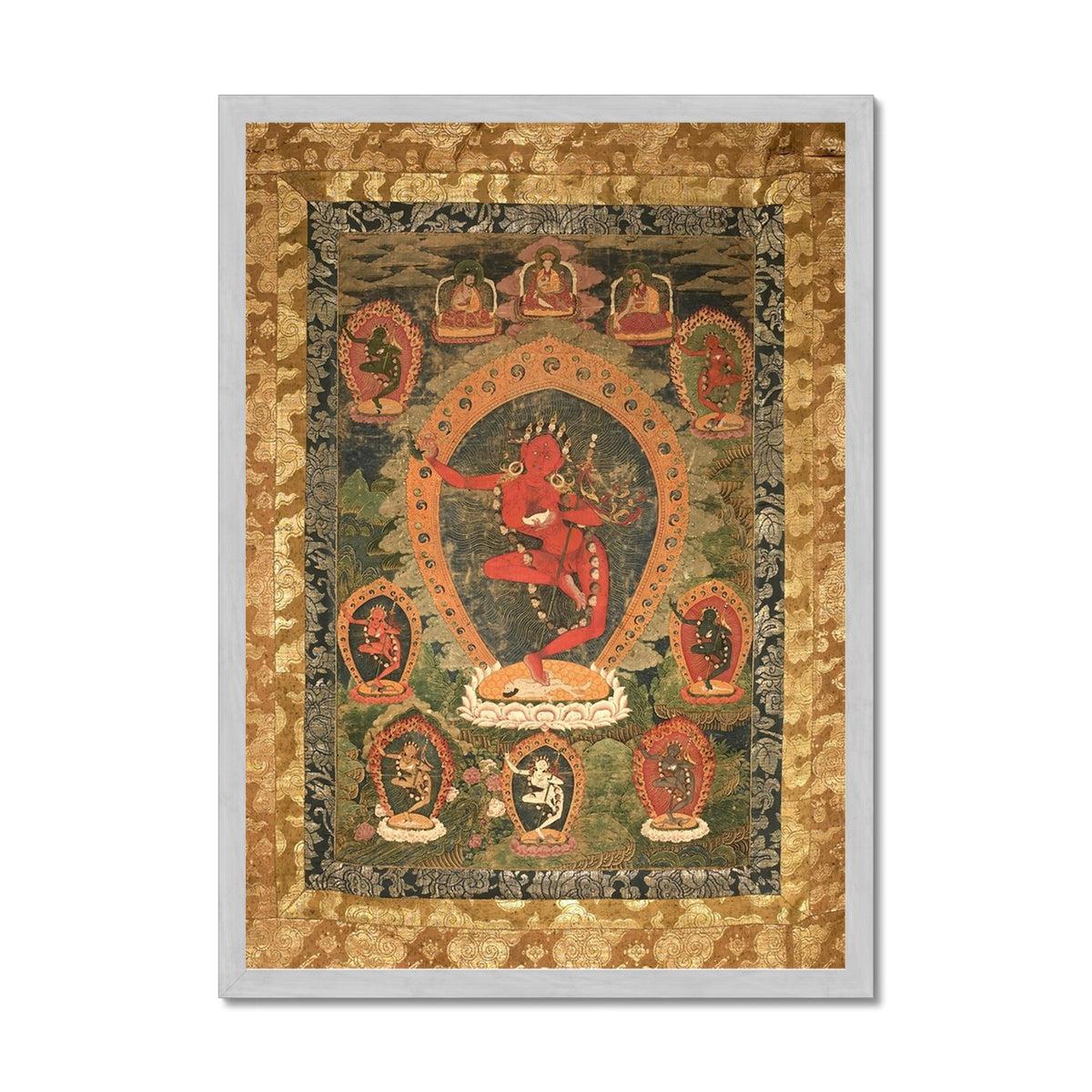 Gold Framed Vajravarahi Thangka, Tibetan Buddhism Fierce Female Deity (Dakini ), Ancient Bhutanese Framed Art Print