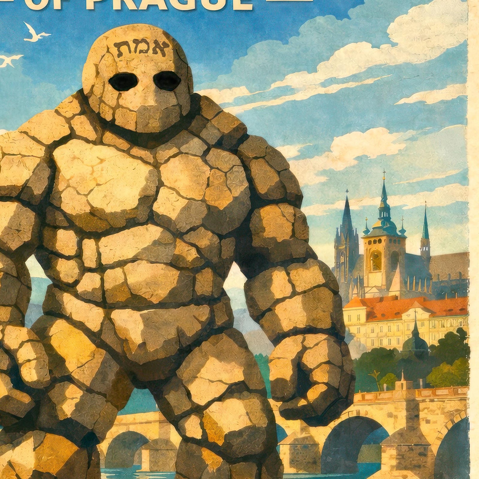Golem of Prague Travel Poster | Jewish Mysticism Folklore | Vintage Kabbalah Monster, Surreal Fine Art Print