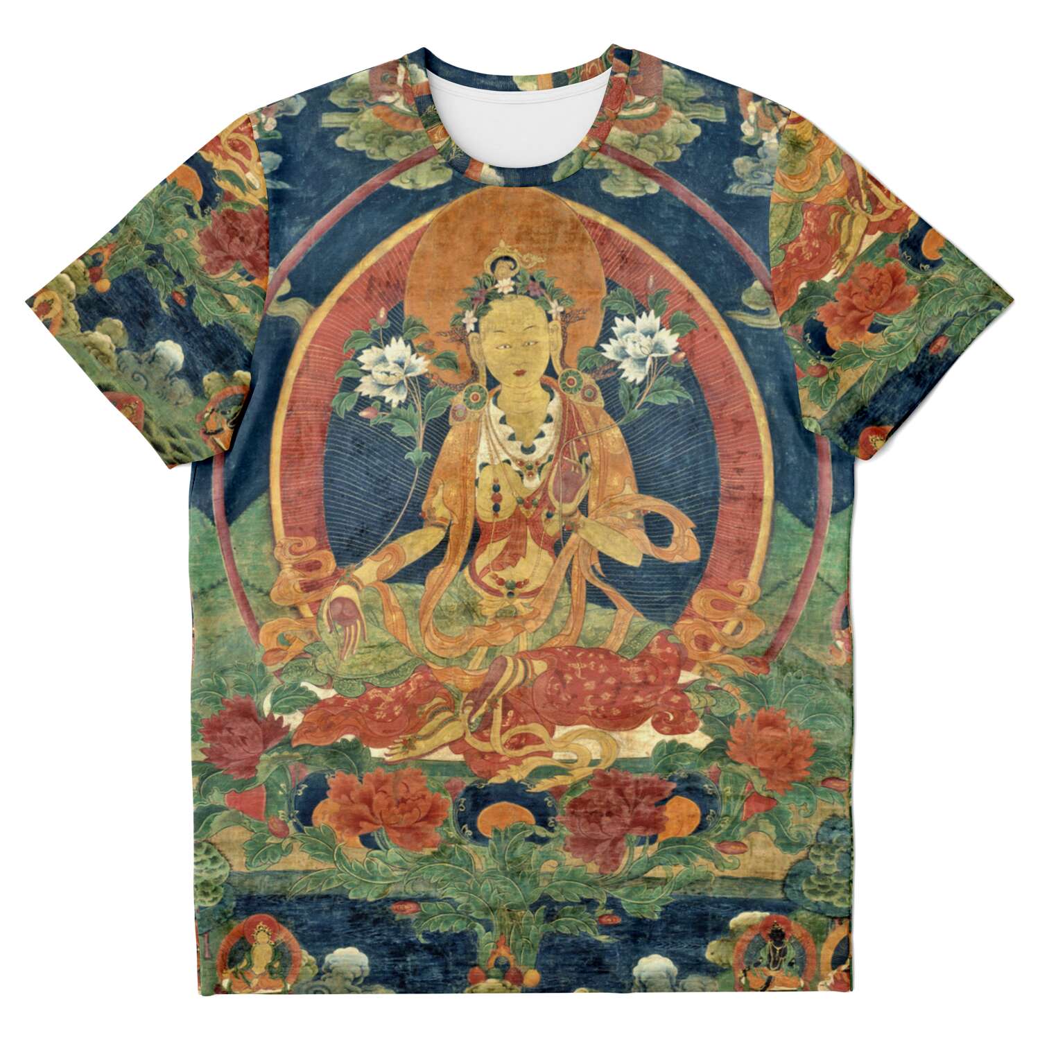 AOP T-Shirt XS Green Tara (Khadiravani) Tibetan Tangka Vajrayana Tantra Vintage Buddhist Mandala T-Shirt