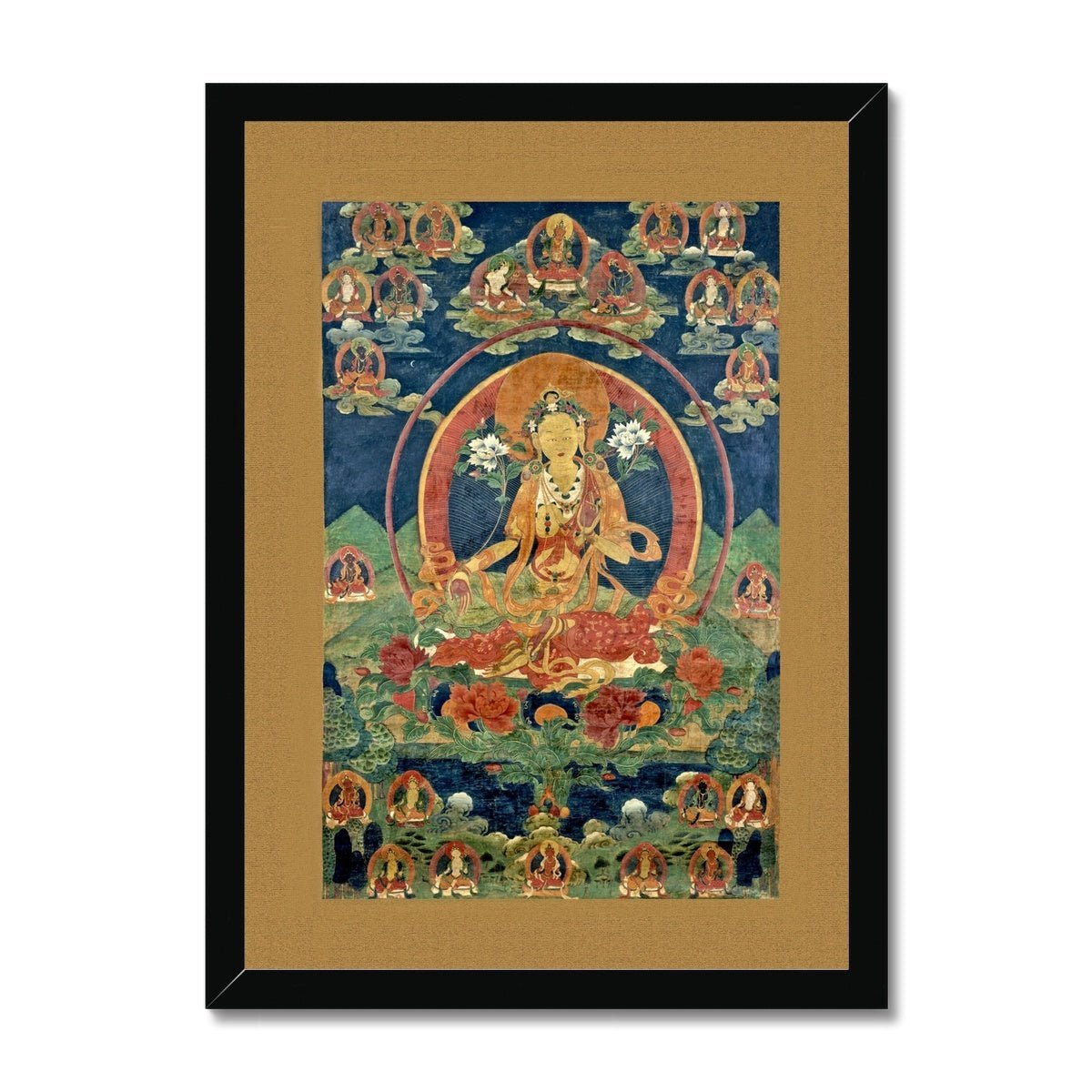 Green Tara (Khadiravani) Tibetan Thangka Buddhist Mythology (Kuan Guan Yin) Antique Dharma Tantra Vintage Buddha Framed Art Print