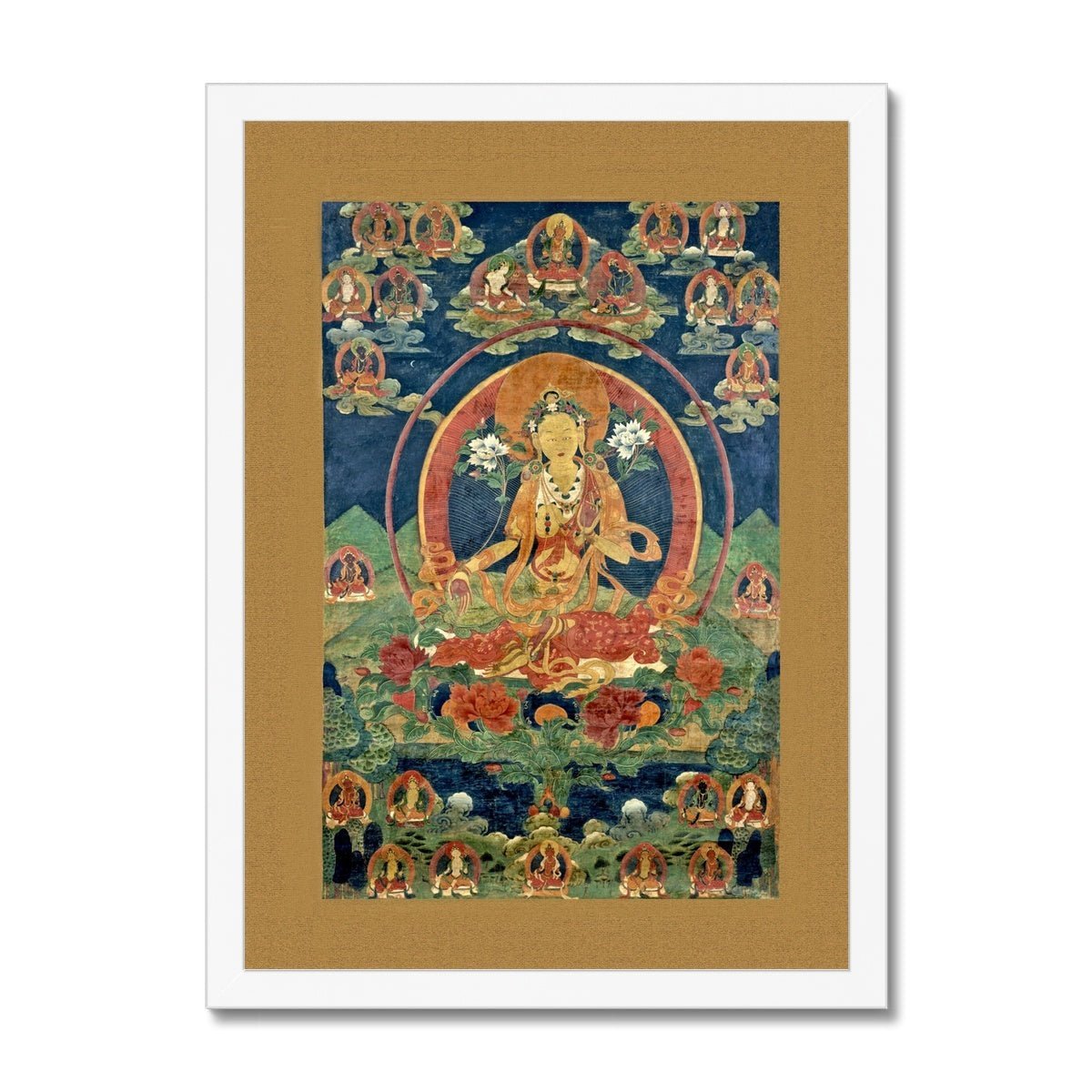 Green Tara (Khadiravani) Tibetan Thangka Buddhist Mythology (Kuan Guan Yin) Antique Dharma Tantra Vintage Buddha Framed Art Print