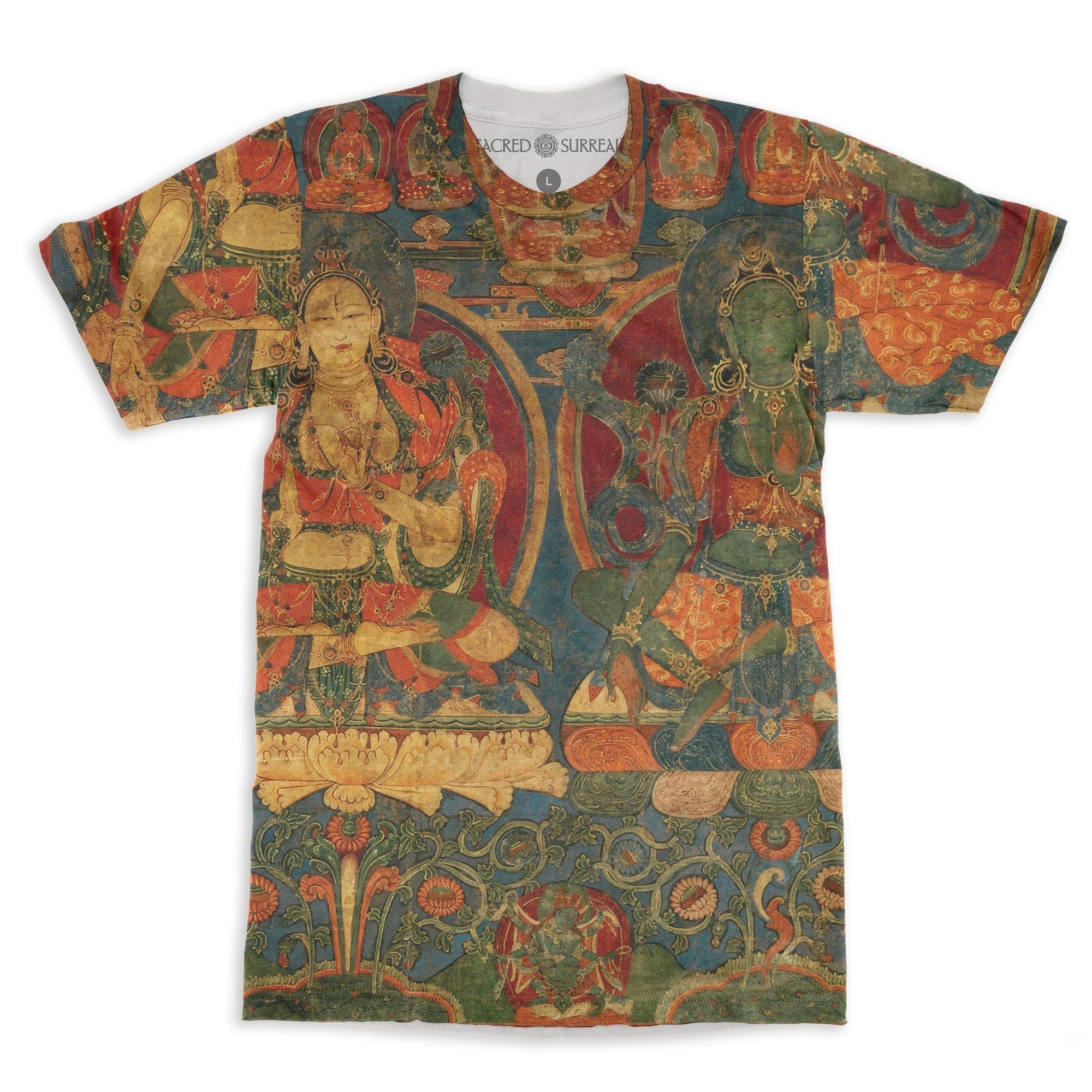 AOP T-Shirt Green Tara White Tara | Tibetan Buddhist Mandala Thangka Compassion Metta T-Shirt