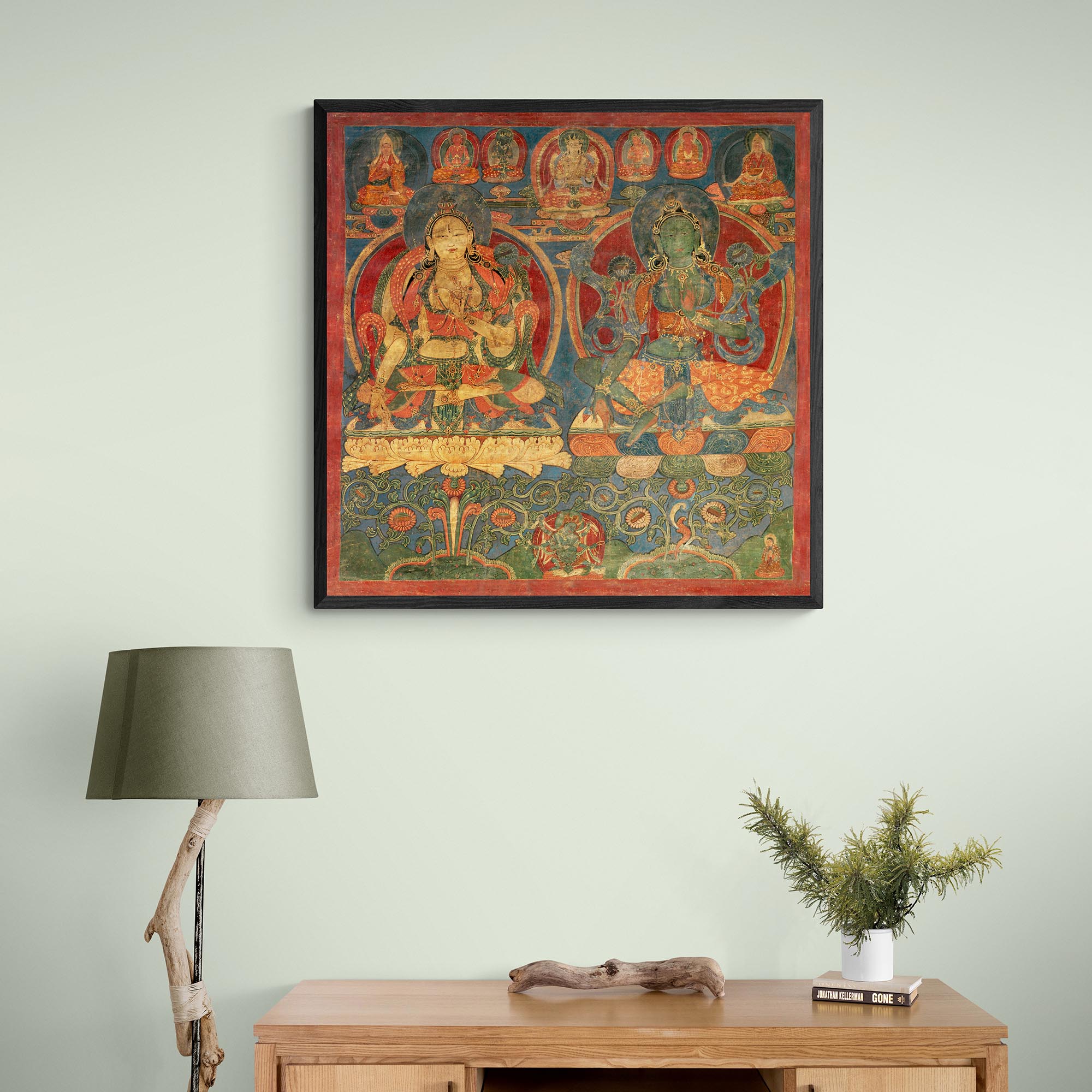 Green Tara White Tara Tibetan Buddhist Thangka Tantra Hindu Vedic Antique Vintage Yantra Mandala Framed Art Print