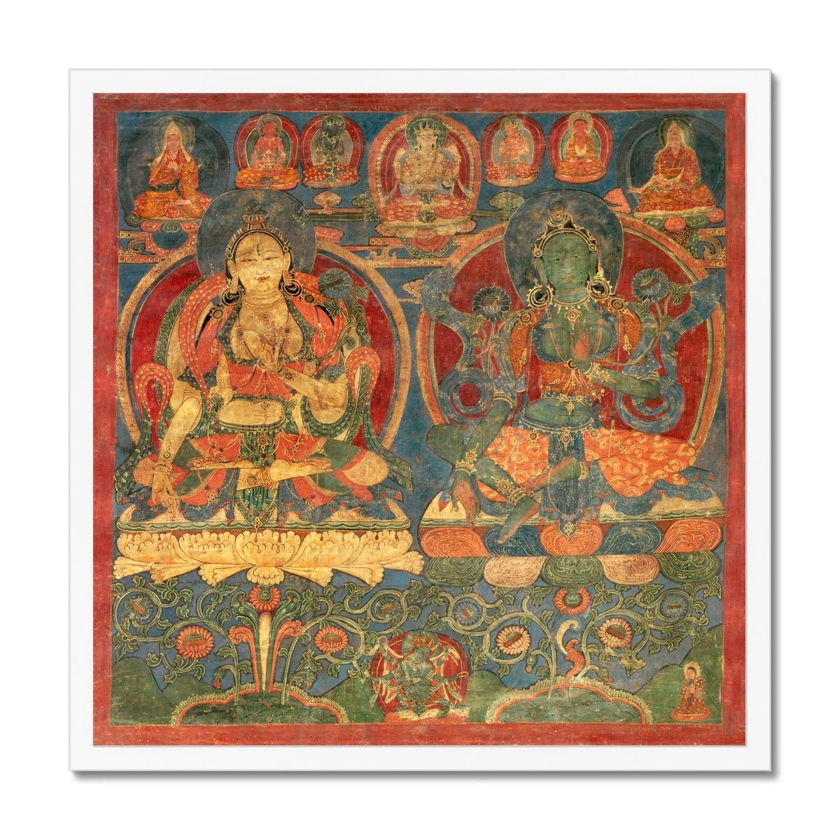 Framed Print 12"x12" / White Frame Green Tara White Tara Tibetan Buddhist Thangka Tantra Hindu Vedic Antique Vintage Yantra Mandala Framed Art Print