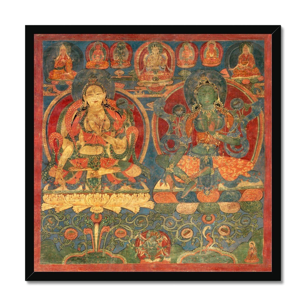 Framed Print 12"x12" / Black Frame Green Tara White Tara Tibetan Buddhist Thangka Tantra Hindu Vedic Antique Vintage Yantra Mandala Framed Art Print