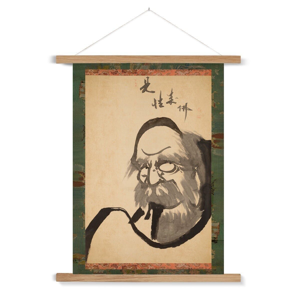 Hakuin's Bodhidharma Brush Painting | Zen Buddhist Master Daruma | Japanese Calligraphy Thangka Style Vintage Fine Art Print with Hanger