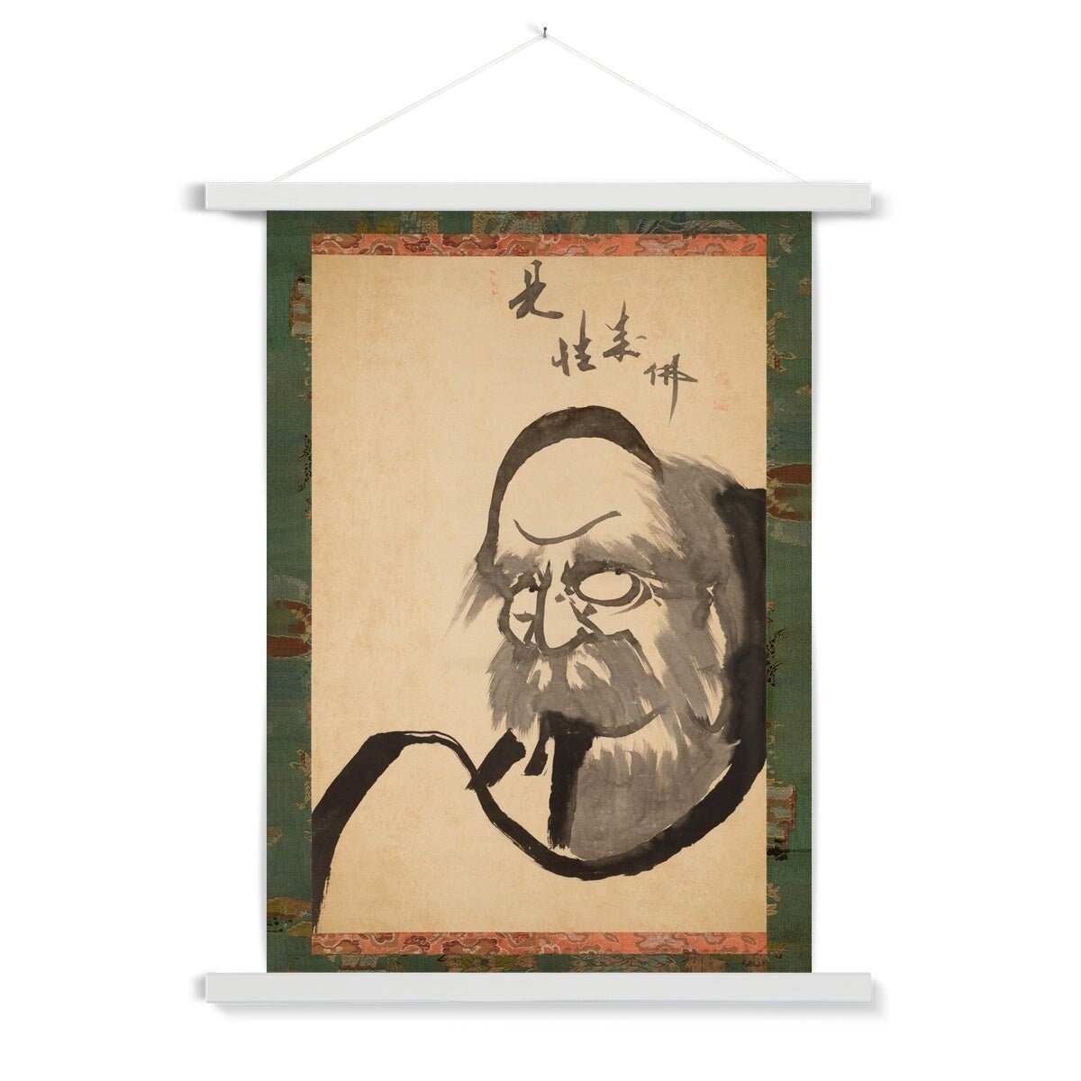 Hangar Thangka Hakuin's Bodhidharma Brush Painting | Zen Buddhist Master Daruma | Japanese Calligraphy Thangka Style Vintage Fine Art Print with Hanger