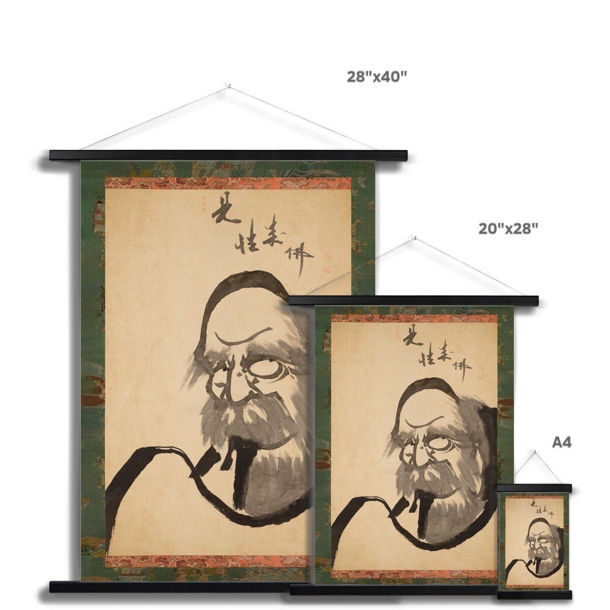 Hangar Thangka Hakuin's Bodhidharma Brush Painting | Zen Buddhist Master Daruma | Japanese Calligraphy Thangka Style Vintage Fine Art Print with Hanger
