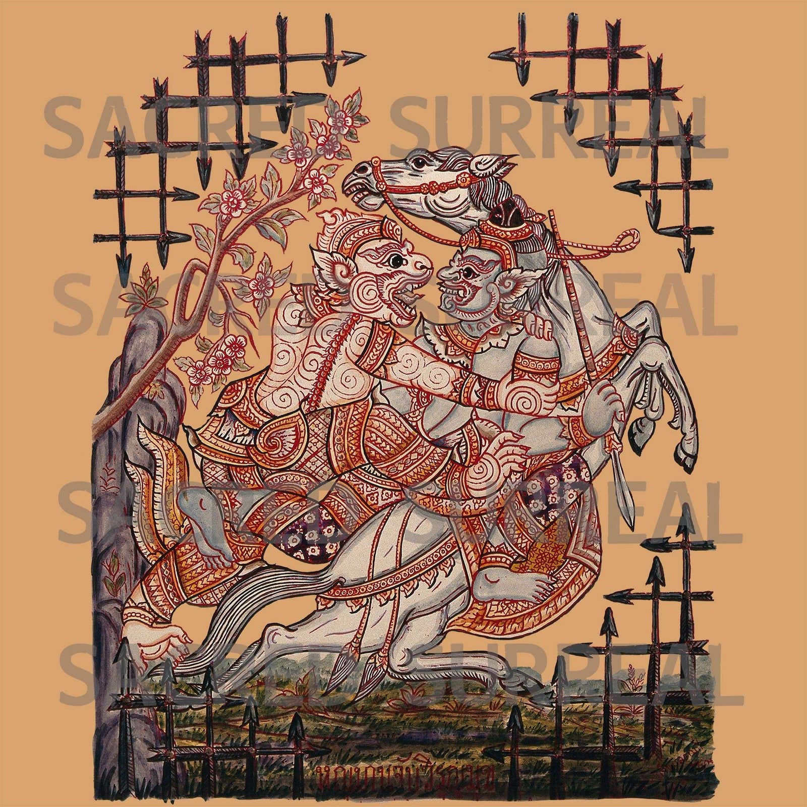 Hanuman Catching Virunyananti | Scene from Ramayana | Vintage Watercolor Thai Devotional Rama Sita Graphic Art T-Shirt