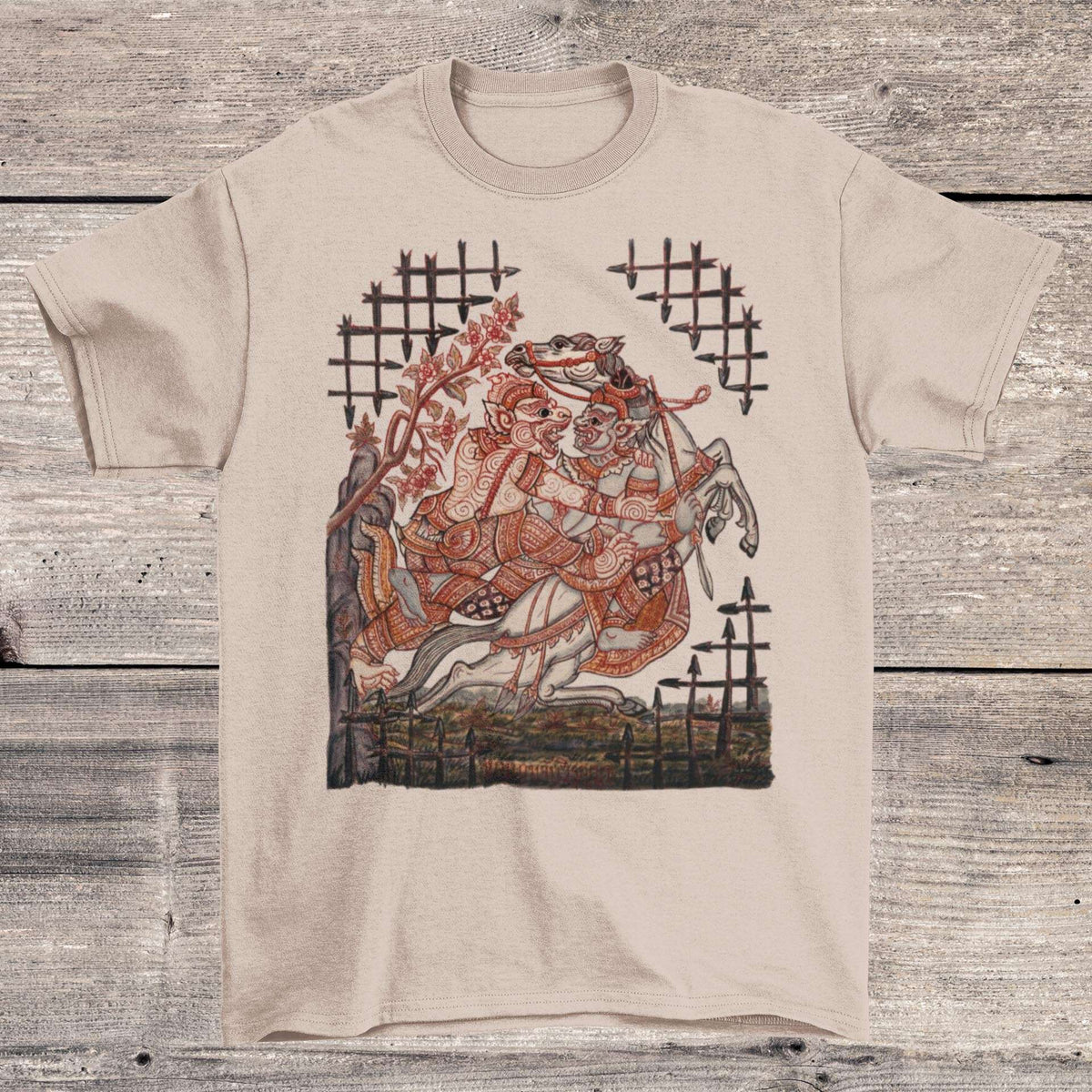 Hanuman Catching Virunyananti | Scene from Ramayana | Vintage Watercolor Thai Devotional Rama Sita Graphic Art T-Shirt