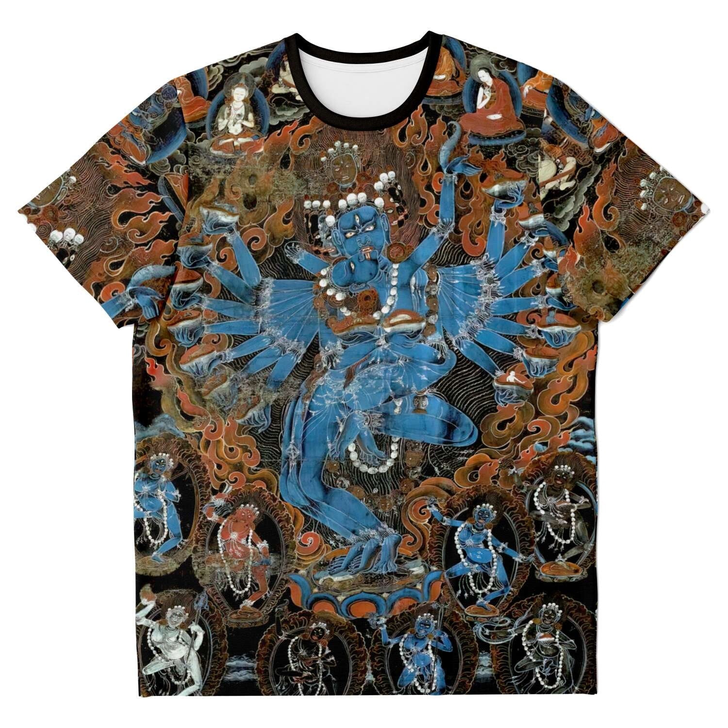 AOP T-Shirt Hevajra: Protective Deity of Compassion and Wisdom, Tibetan Thangka Vintage Antique Buddhist Graphic Art T-Shirt Tee