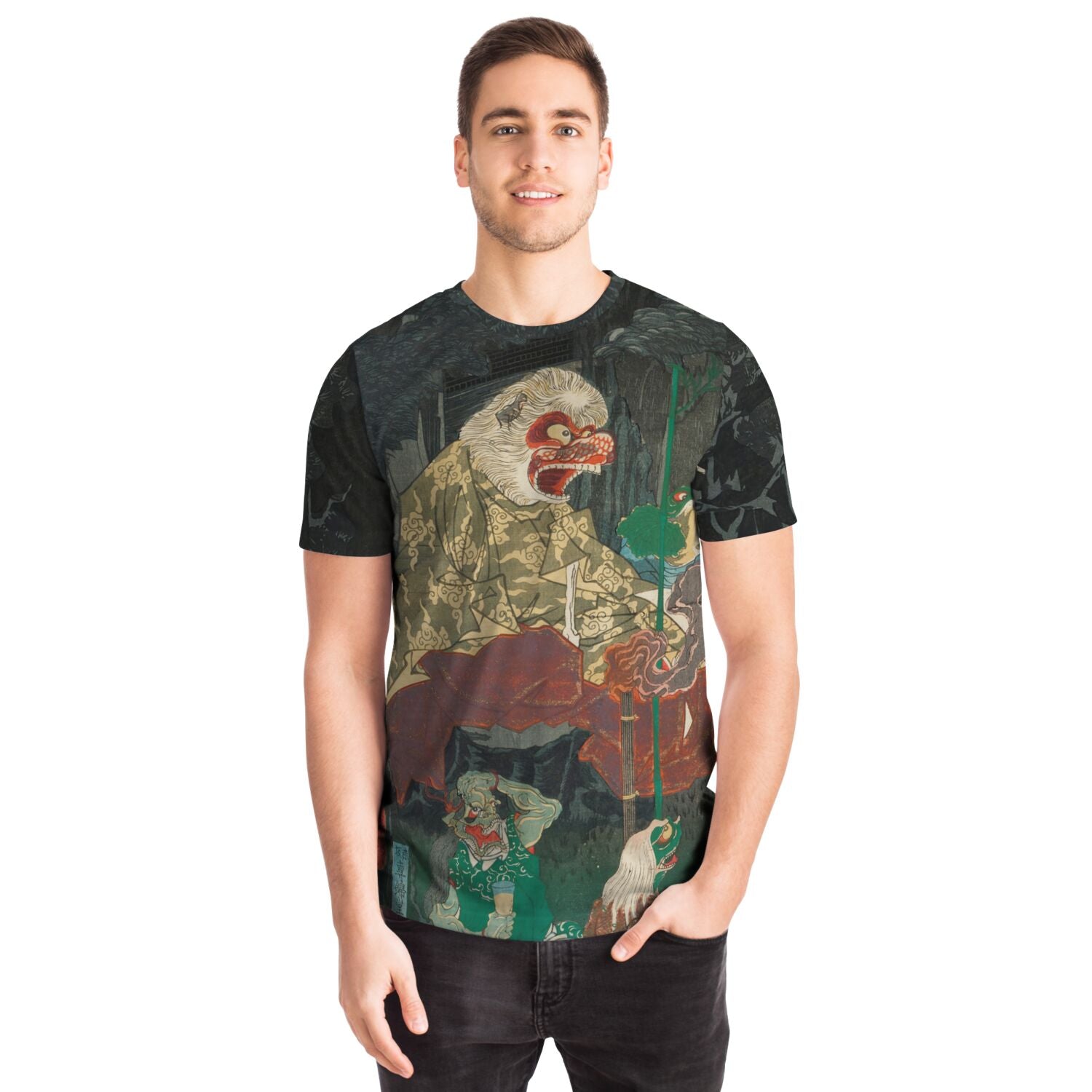 T-shirt Hihi Coming Down from Mountain to Collect His Meal | Japanese Yokai Ape, Ukiyo-e Graphic Art T-Shirt