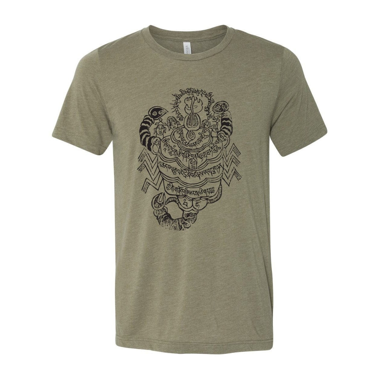 T-Shirts XS / Heather Olive Himalayan Scorpion Charm of Padmasambhava | Tibetan Buddhist Mandala Woodblock Print | Spiritual Qi Protection Deity Sacred Art T-Shirt Tee