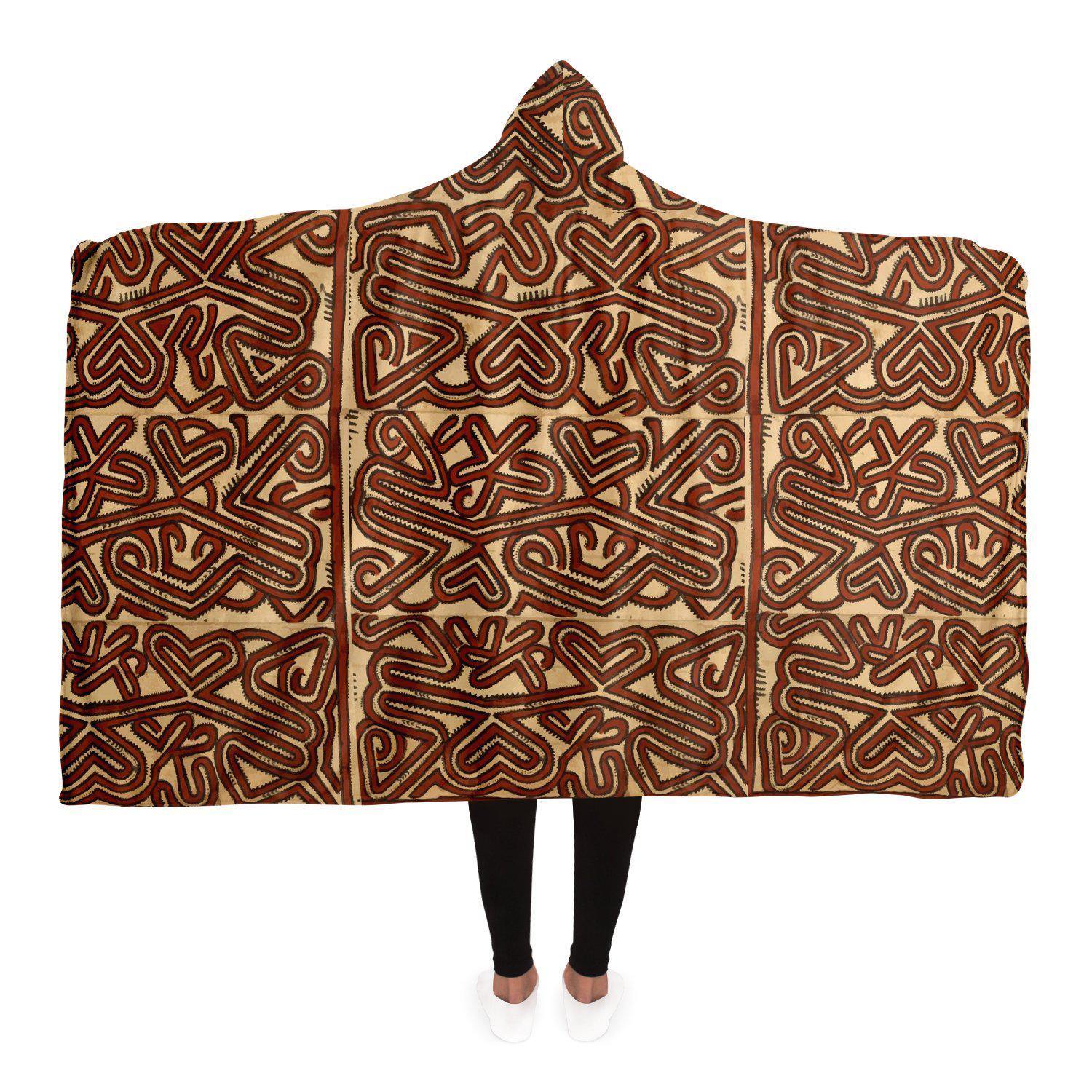 Hooded Blanket - AOP Adult / Premium Sherpa Hooded Blanket, Baruga-Culture Inspired Tapa (Bark Cloth) Design