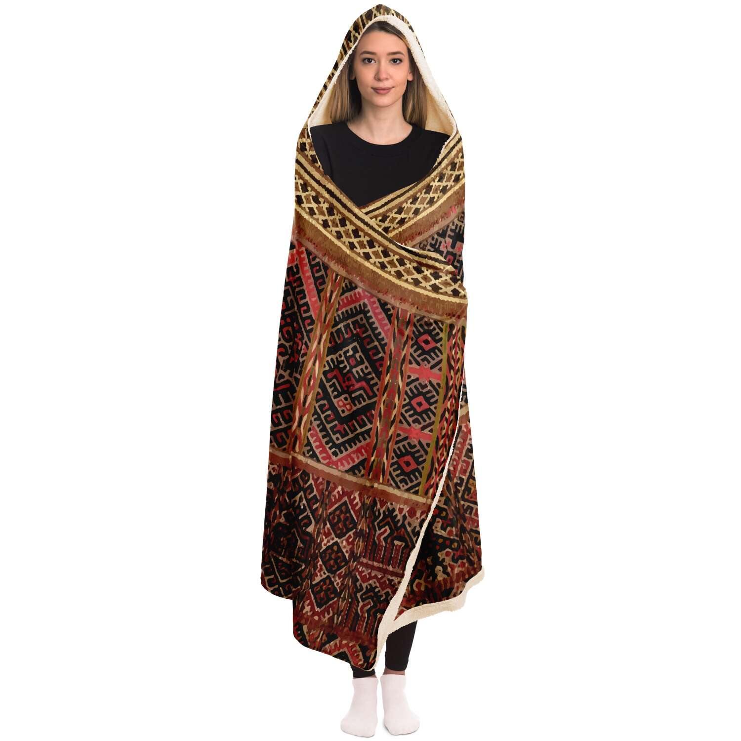 Hooded Blanket, Miao Culture Antique, Traditional Design | Sherpa Lined Hooded Blanket