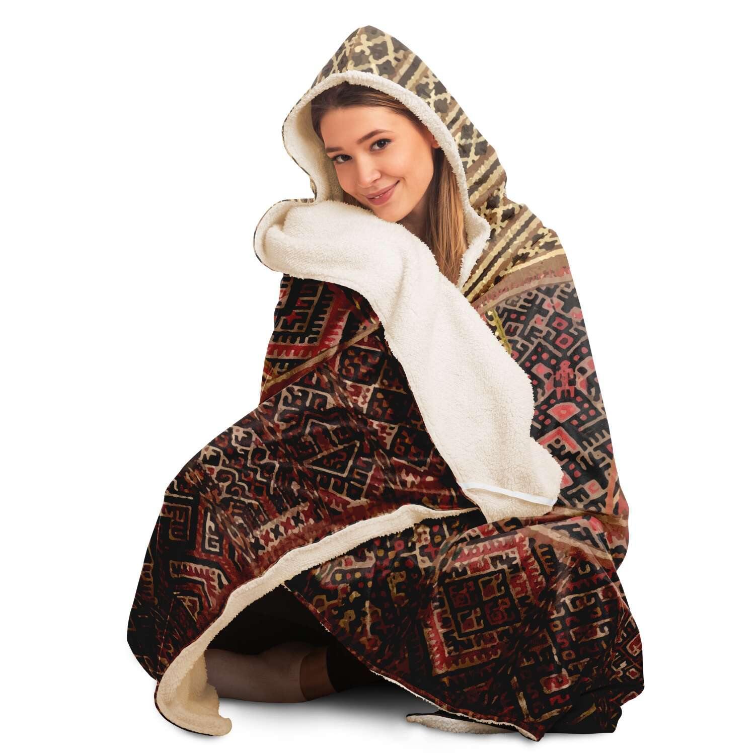 Hooded Blanket - AOP Hooded Blanket, Miao Culture Antique, Traditional Design | Sherpa Lined Hooded Blanket