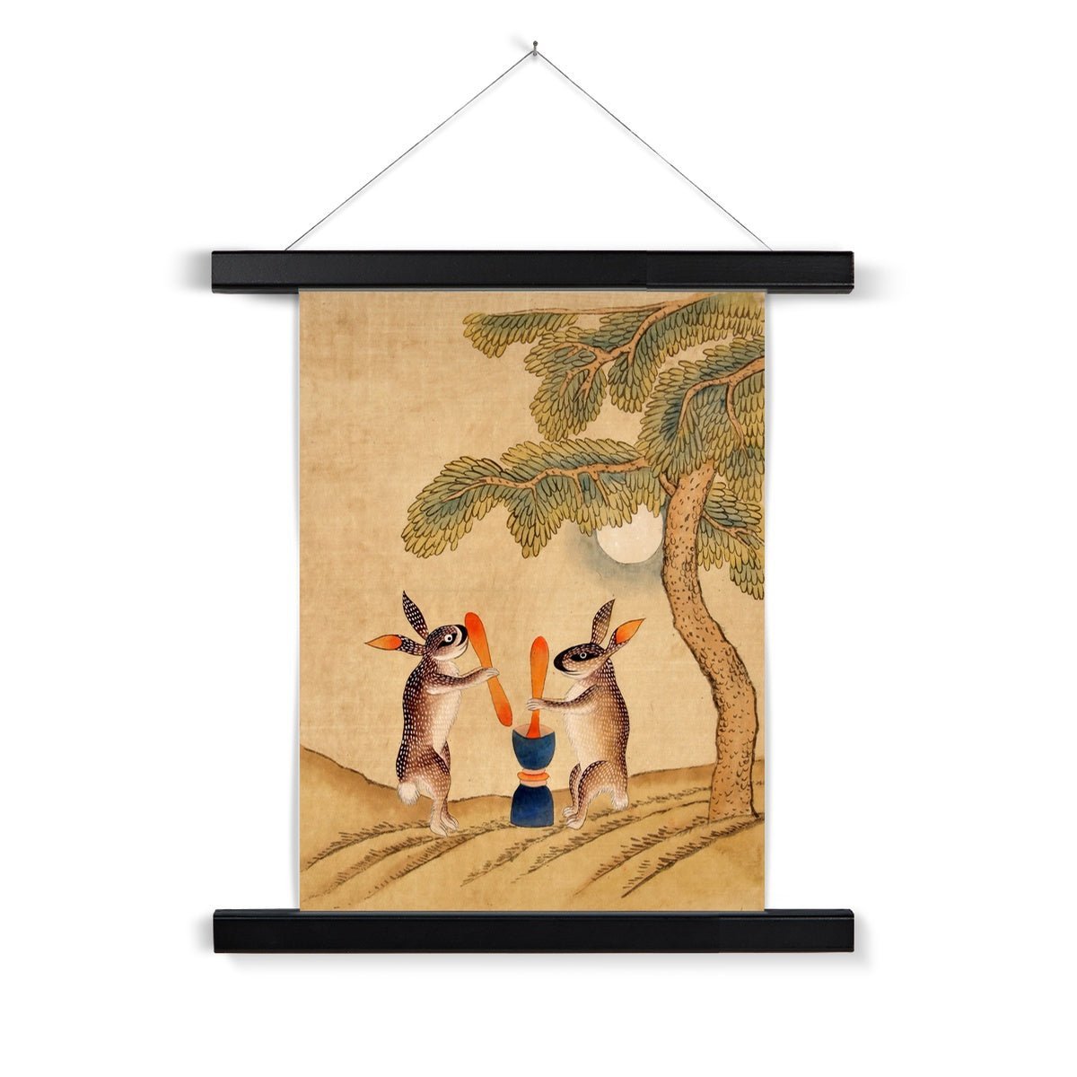 Fine art 6"x8" / Natural Frame Immortal Moon Bunny | Classic Kawai Minhwa Folk Art | Too Cute Korean Folklore | Jade Rabbit Fine Art Print with Hanger