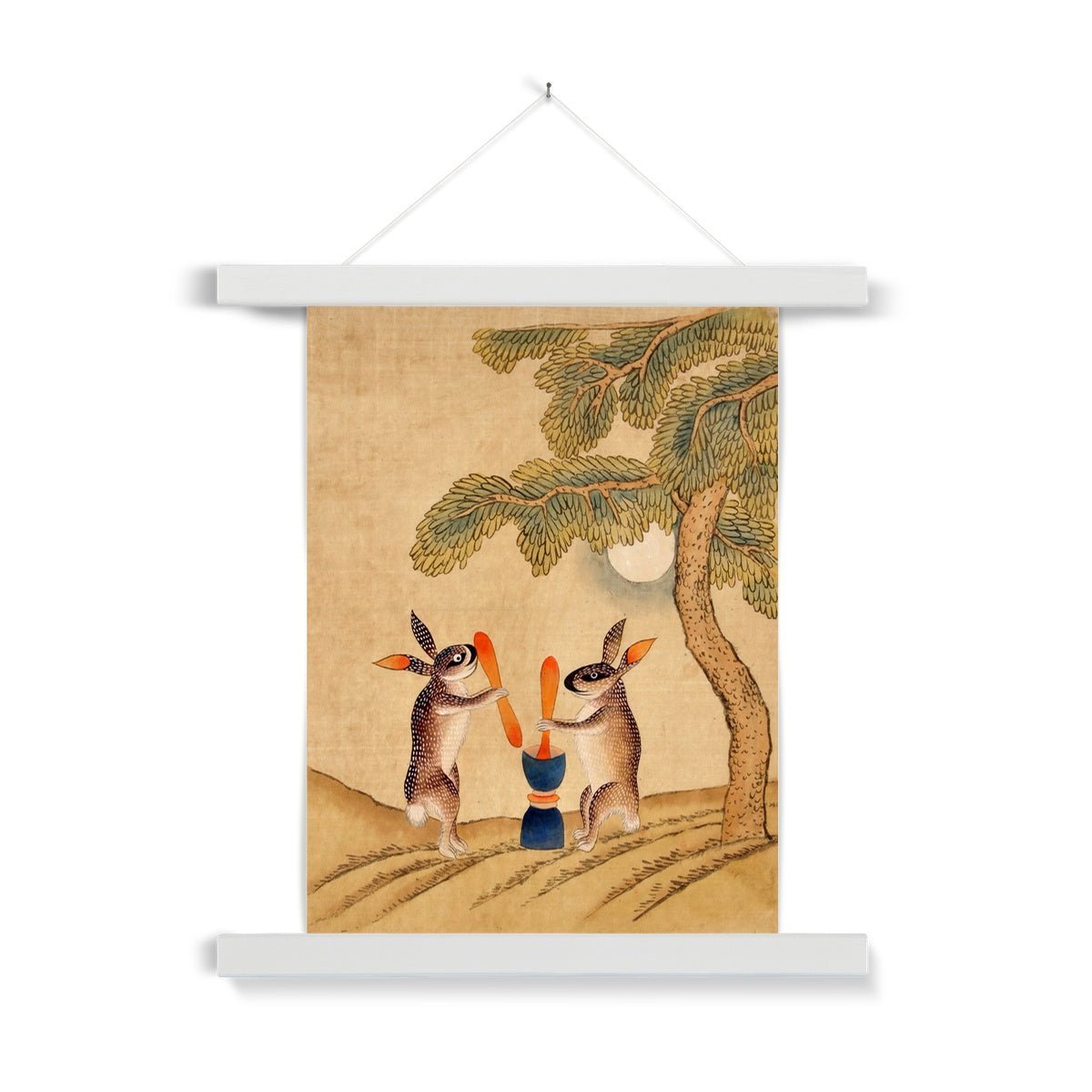 Fine art 6"x8" / White Frame Immortal Moon Bunny | Classic Kawai Minhwa Folk Art | Too Cute Korean Folklore | Jade Rabbit Fine Art Print with Hanger