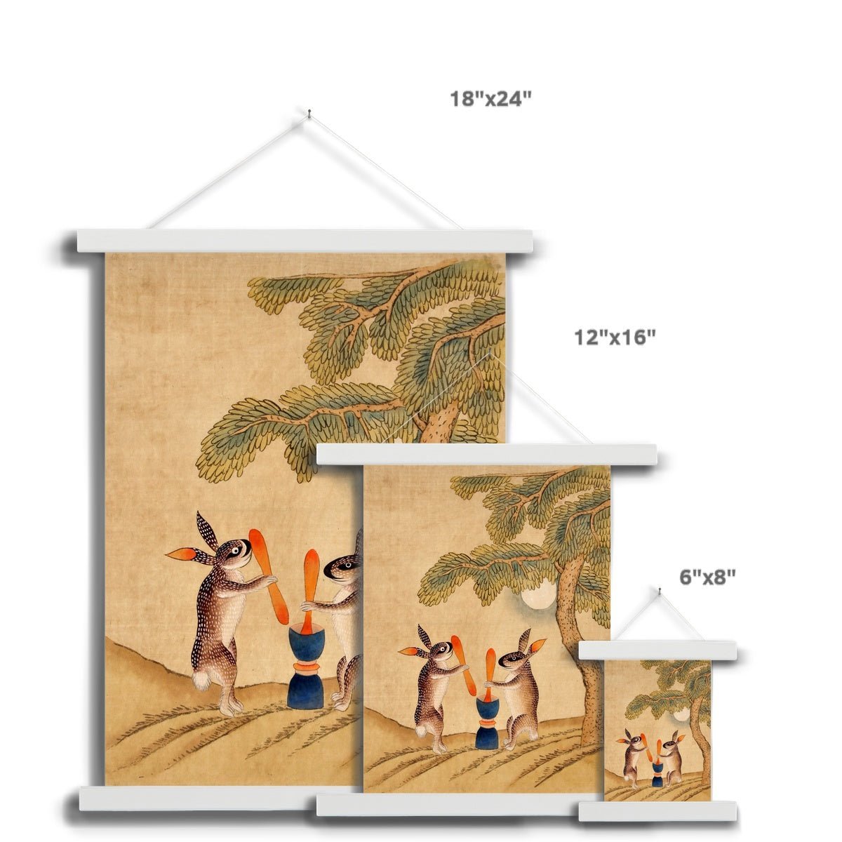 Immortal Moon Bunny | Classic Kawai Minhwa Folk Art | Too Cute Korean Folklore | Jade Rabbit Fine Art Print with Hanger