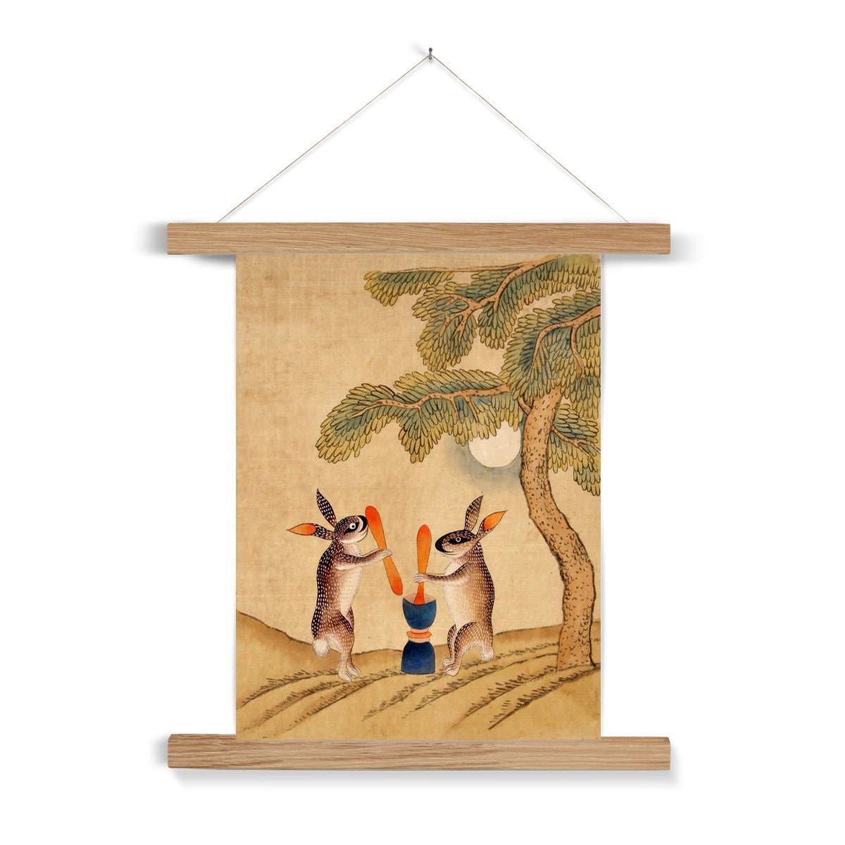 Fine art 6"x8" / Natural Frame Immortal Moon Bunny | Classic Kawai Minhwa Folk Art | Too Cute Korean Folklore | Jade Rabbit Fine Art Print with Hanger