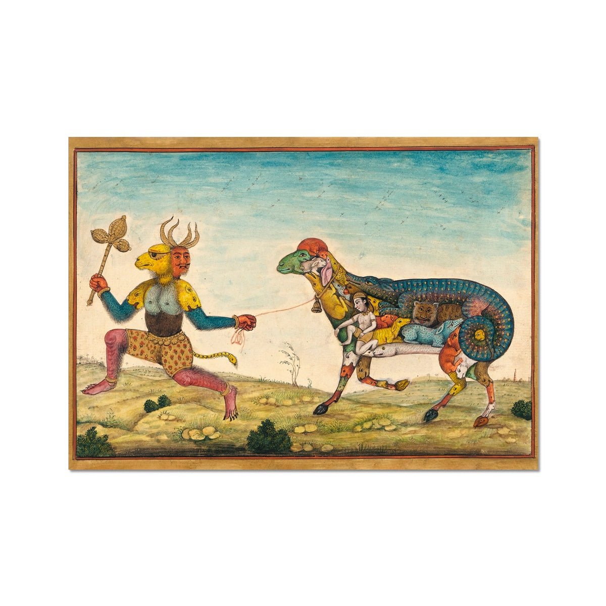 Fine art A5 Landscape Indian Demon Leading a Surreal Composite Sheep | Persian Folklore Mythology | Mughal-Period Islamic Fine Art Print