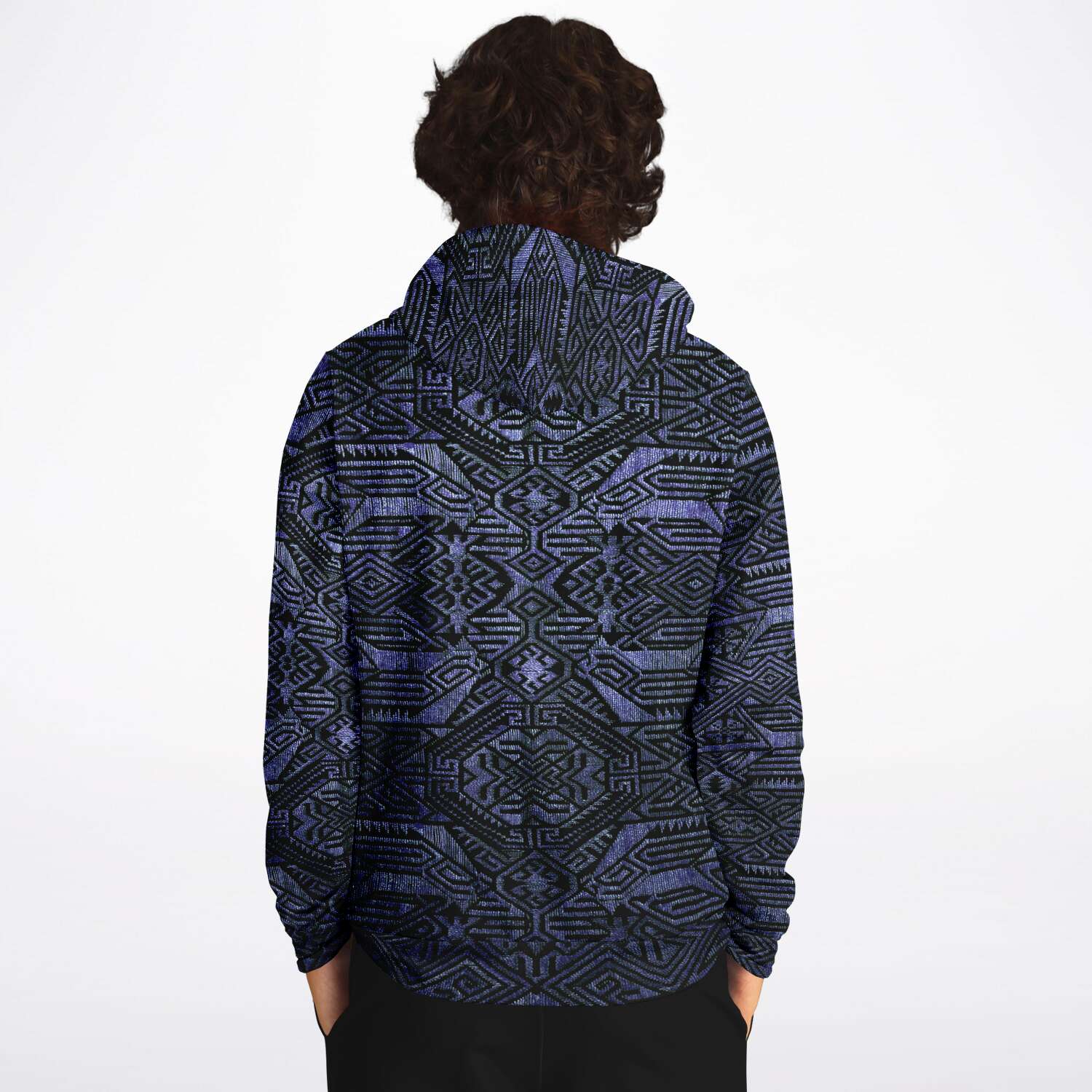 Fashion Hoodie - AOP Indonesian-Ikat Inspired Purple Blueberry Violet Pullover Unisex Hoodie, Sacred Geometry Clothing, Trippy Festival Hoodie