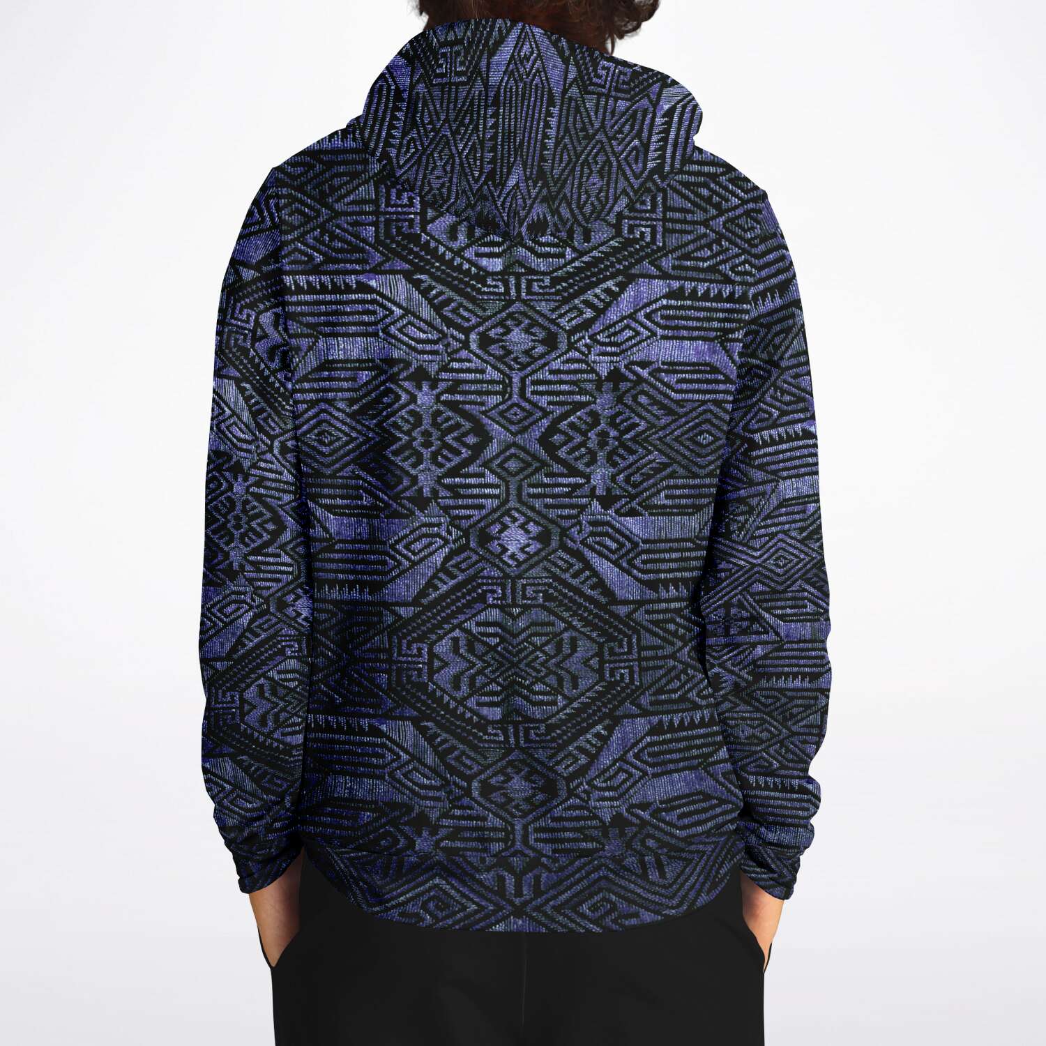 Fashion Hoodie - AOP Indonesian-Ikat Inspired Purple Blueberry Violet Pullover Unisex Hoodie, Sacred Geometry Clothing, Trippy Festival Hoodie