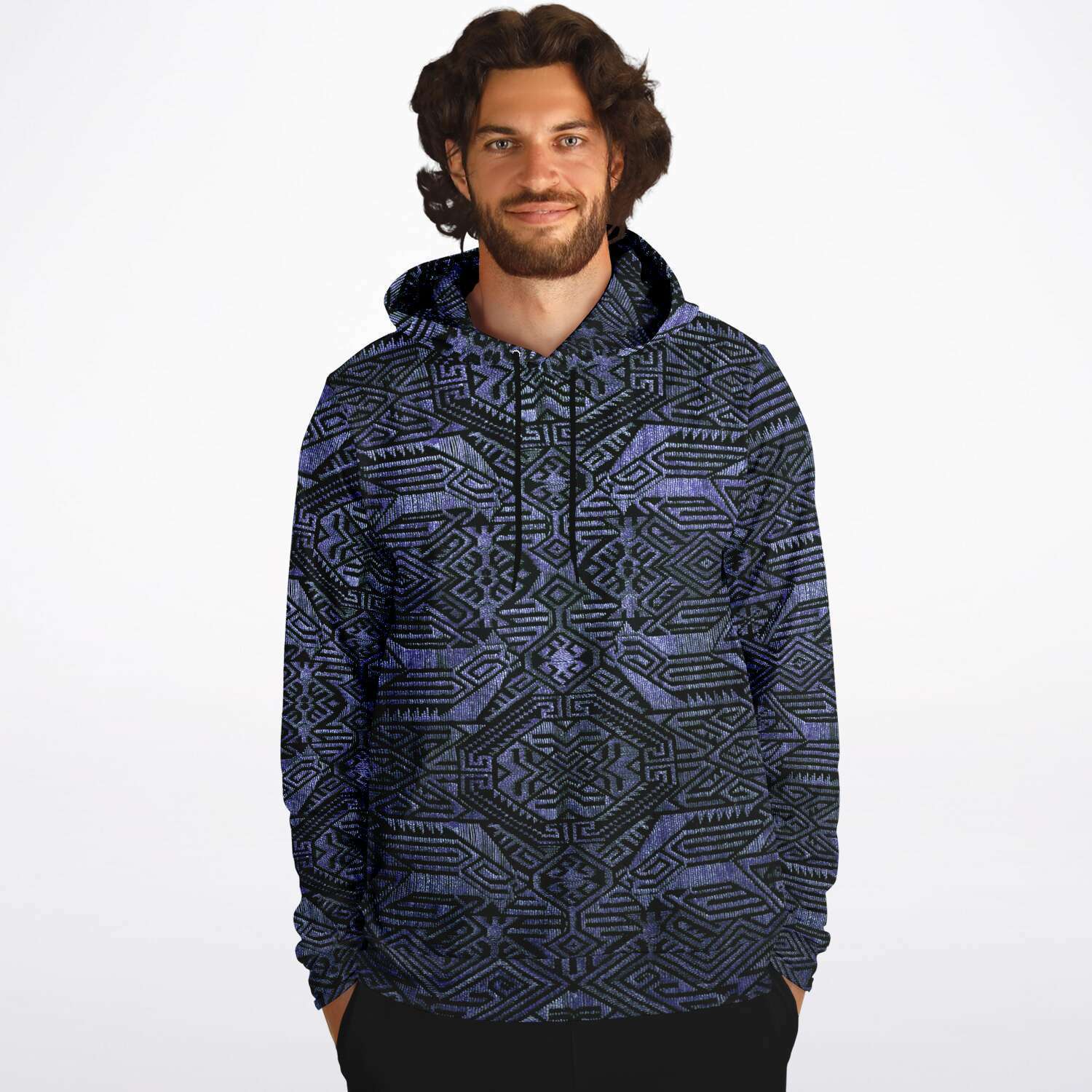 Fashion Hoodie - AOP Indonesian-Ikat Inspired Purple Blueberry Violet Pullover Unisex Hoodie, Sacred Geometry Clothing, Trippy Festival Hoodie