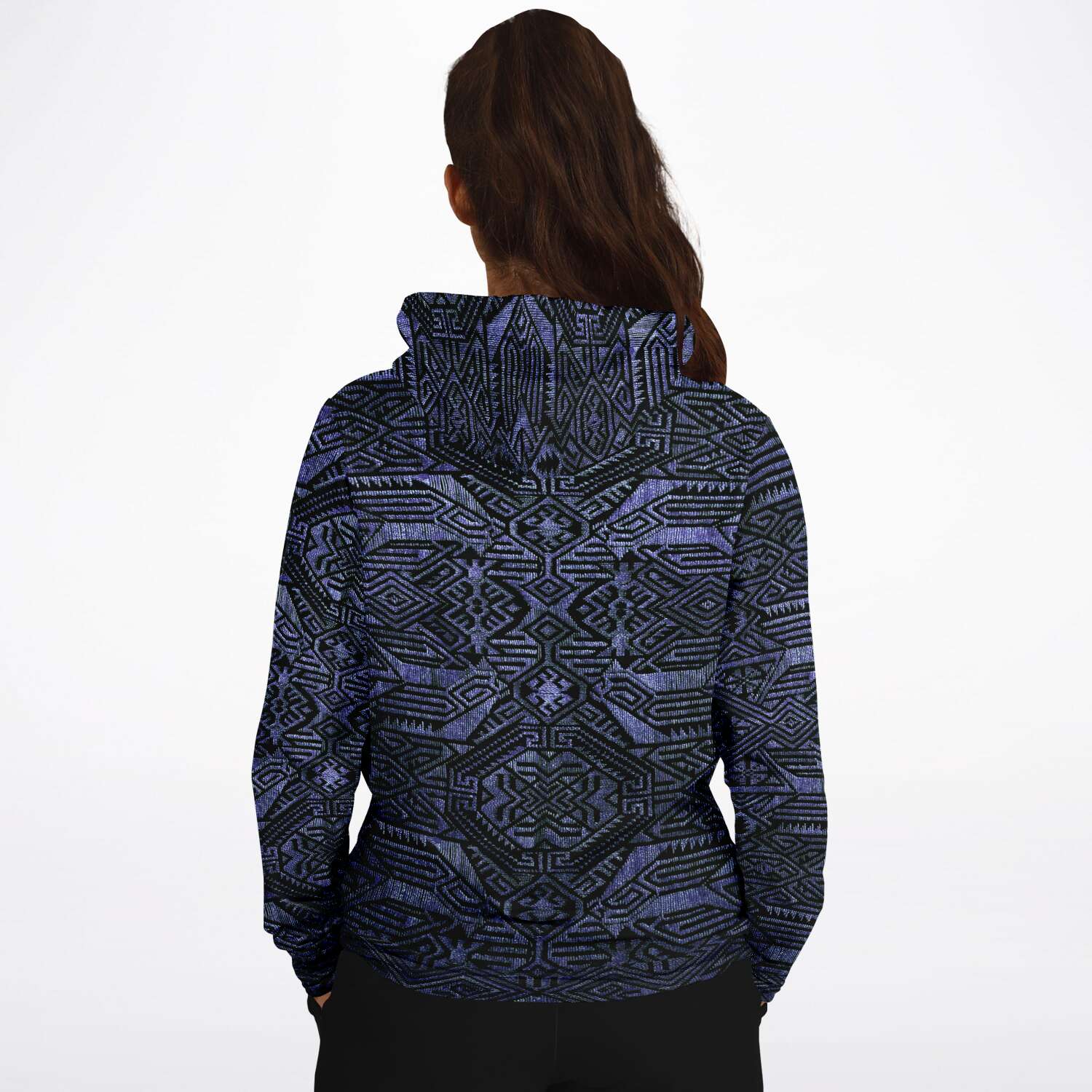 Fashion Hoodie - AOP Indonesian-Ikat Inspired Purple Blueberry Violet Pullover Unisex Hoodie, Sacred Geometry Clothing, Trippy Festival Hoodie